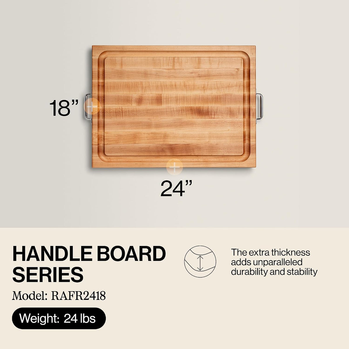 John Boos Handle Boards Series Rectangular Wooden Maple Cutting Board 24”x18” – 2.25” Thick, 30-lb Reversible Butcher Block with Juice Groove, Edge-Grain & Metal Handles – Made in the USA