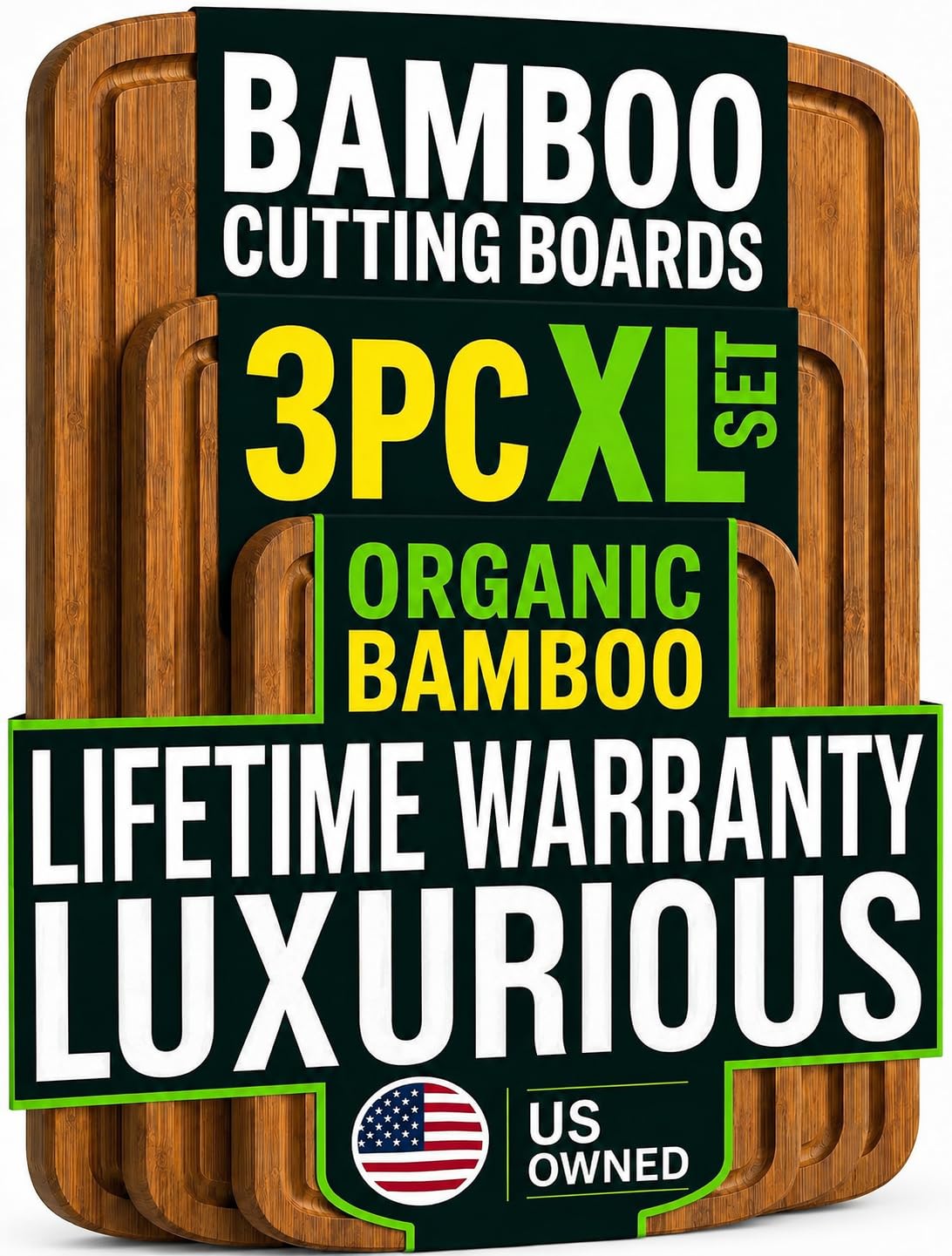 INDESTRUCTIBLE Extra Large Bamboo Cutting Board Set of 3 with Vertical Grain Strength Technology - XL Wood Cutting Boards for Kitchen and Lightweight Chopping Board Set - Replacements for Life