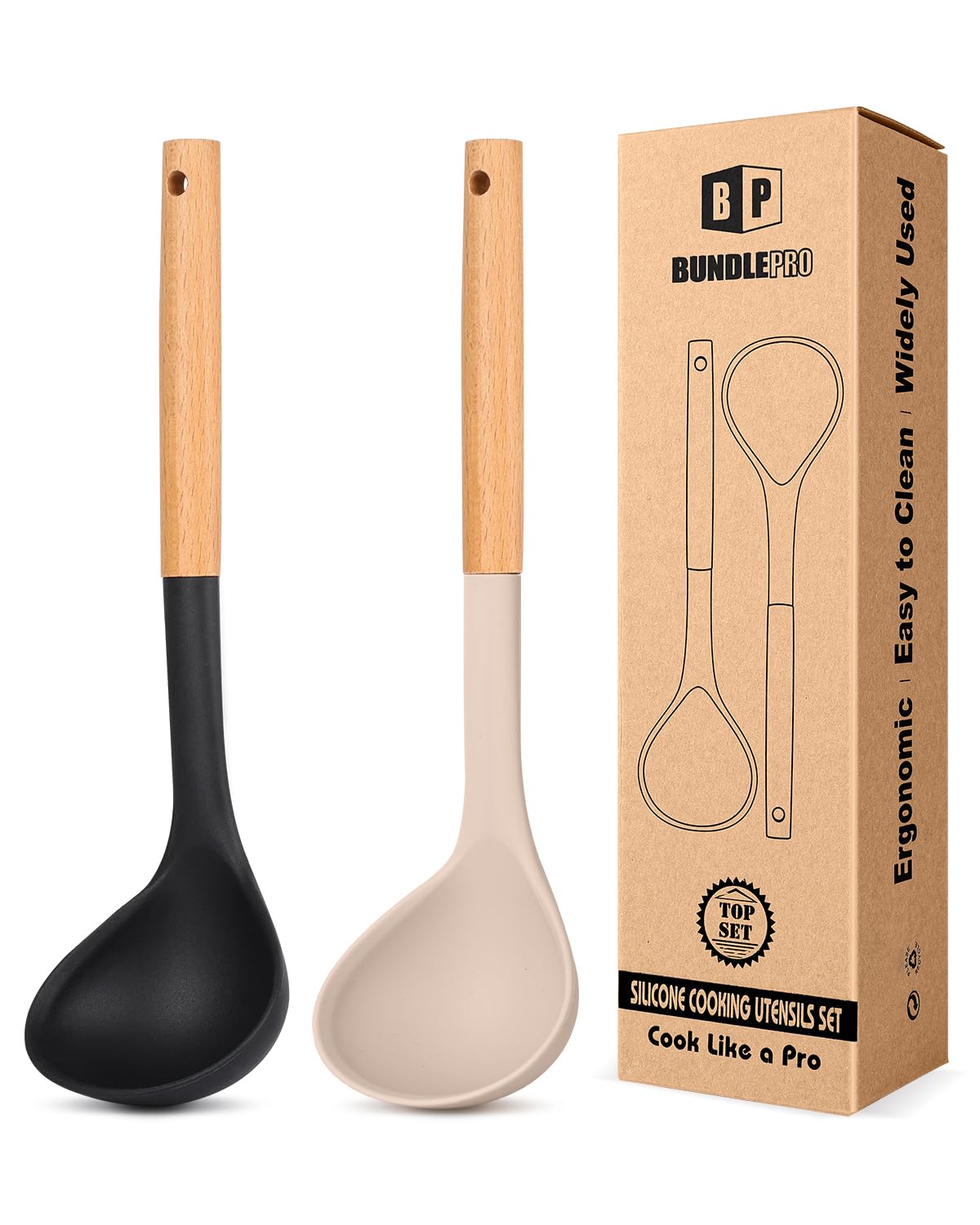 Pack of 2 Soup Ladle, Silicone Ladle Spoon with Wooden Handle, Large Non Stick High Heat Resistant Kitchen Utensils for Cooking, Stirring, Serving Soups(BLACK-GRAY)