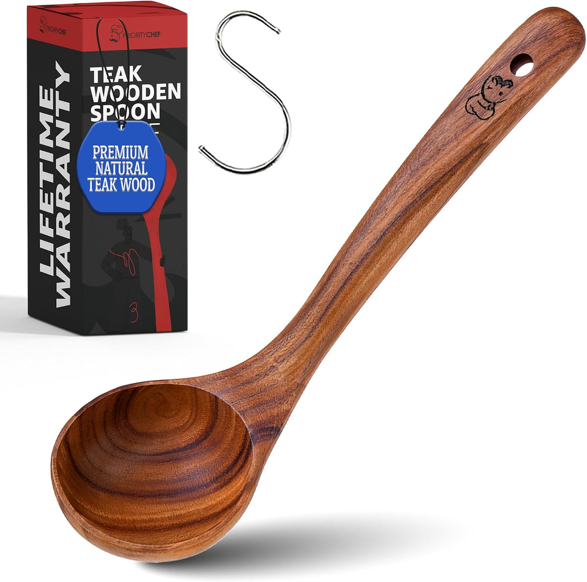 PriorityChef Premium Wooden Ladle for Soup - Handcrafted Teak Wooden Soup Spoon with Long Handle for Cooking and Serving - Deep Wood Ladel for Kitchen Use - Nonstick Safe Wood Ladle