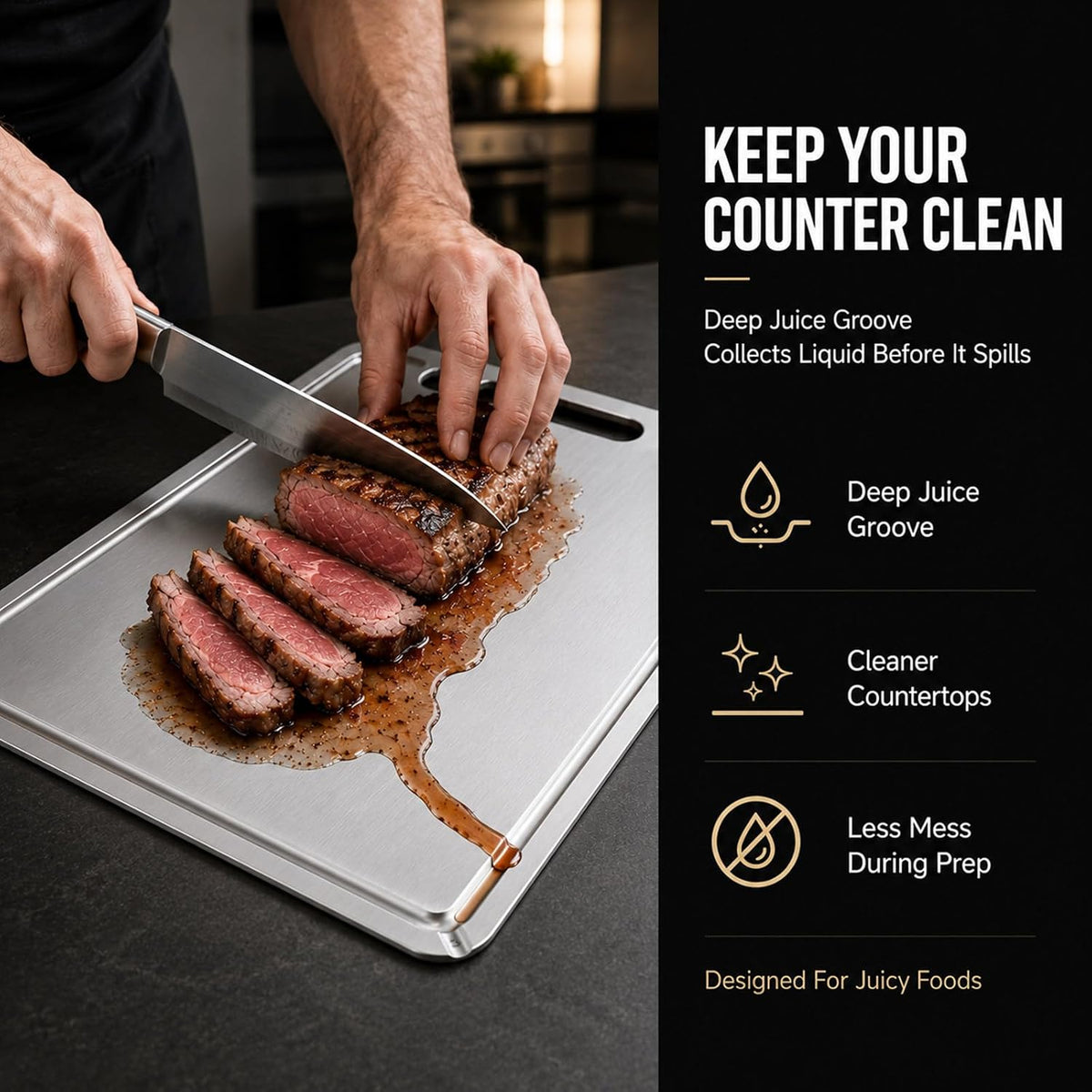 Titanium Cutting Board 100% Pure Metal, Double Sided Kitchen Chopping Board with Juice Groove, Dishwasher Safe Food-Grade Cutting Board for Meat, Vegetables & Fruit (medium)