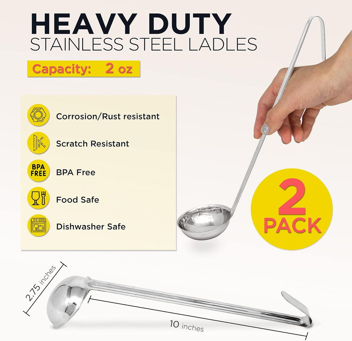 Fit Meal Prep [2 Pack] 2 oz Stainless Steel Soup Ladle, One-Piece Sauce Spatula with Hook Handles, Commercial Grade Serving Spoon, Kitchen Tool for Restaurant or Home Cooking, Mirror Finish, 12" Long