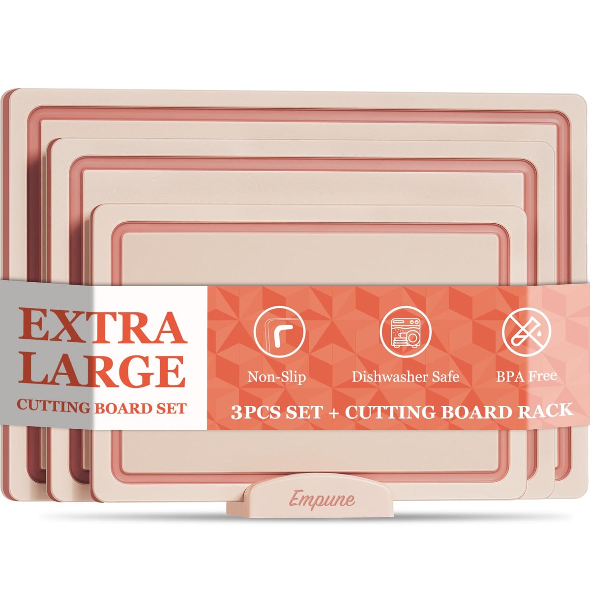 Empune 3-Piece Plastic Cutting Boards for Kitchen - Thick & Non-Slip Chopping Board Set with Juice Grooves, Dishwasher Safe, BPA Free, Includes Large & Small Sizes, Gray