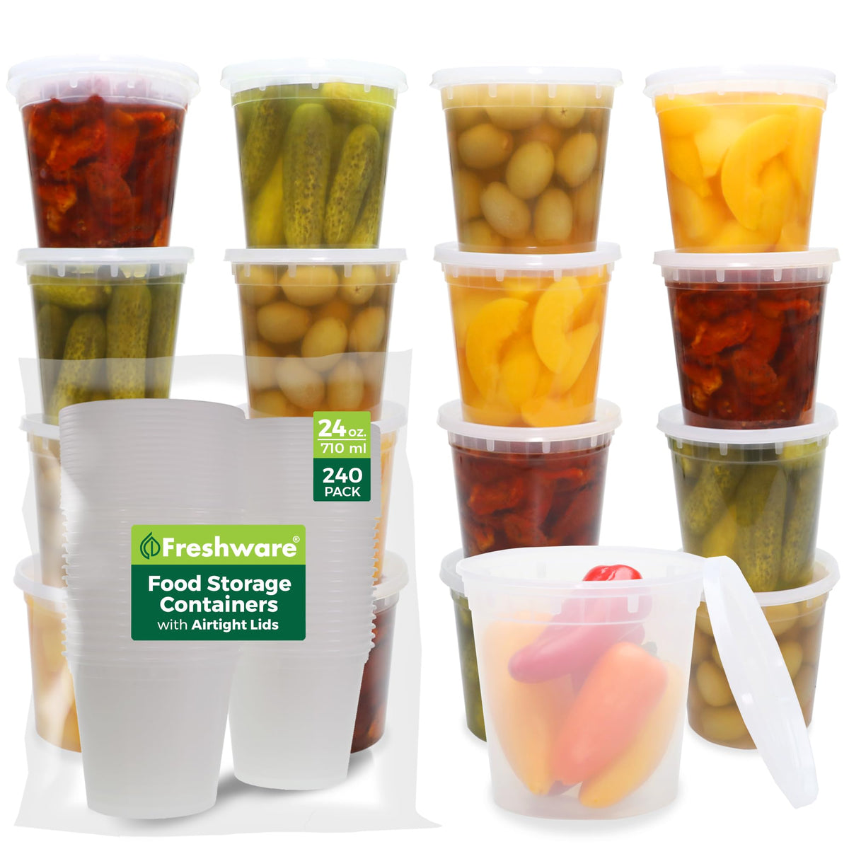 Freshware Food Storage Containers 24 oz Plastic Deli Containers with Lids, Slime, Soup, Meal Prep Containers, BPA Free, Stackable, Leakproof, Microwave/Dishwasher/Freezer Safe, 48 count (pack of 1)