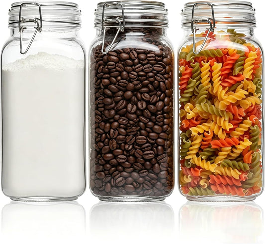ComSaf Large Square Glass Jars with Airtight Lids 78 oz 3 Pack Wide Mouth