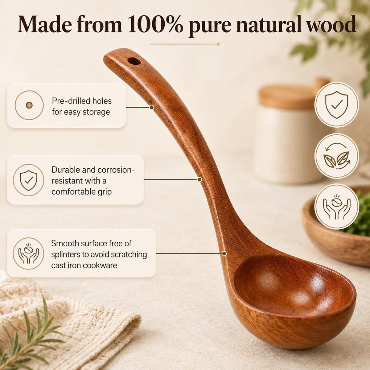 Wooden Ladle Soup Spoon Long Handle Serving Cooking 10.6inch, 1Pc