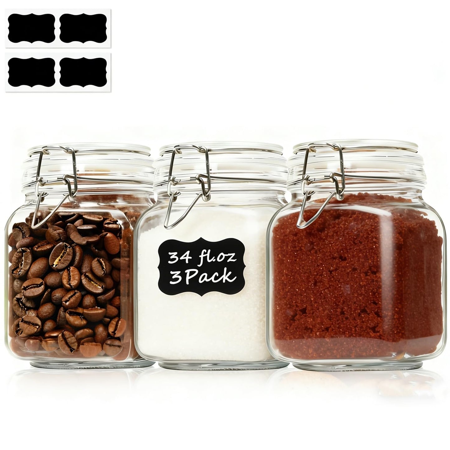 ComSaf Large Square Glass Jars with Airtight Lids 78 oz 3 Pack Wide Mouth