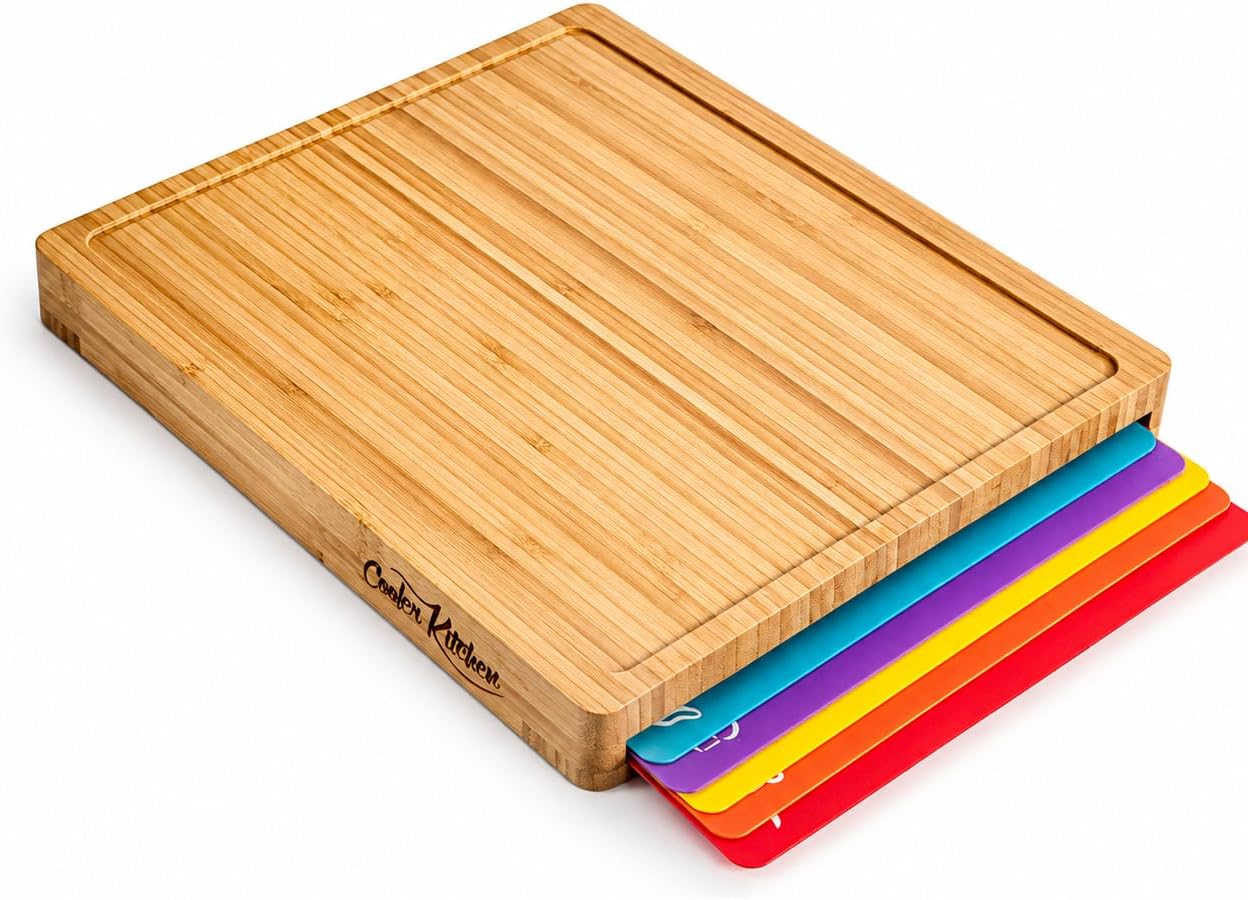 Bamboo Cutting Board Set with 6 Color Coded Flexible Mats Food Icons, BPA-Free Non Slip Easy Clean Cutting Boards for Kitchen with Holder, Dishwasher Safe, Meal Prep & Serving, Large | Cooler Kitchen