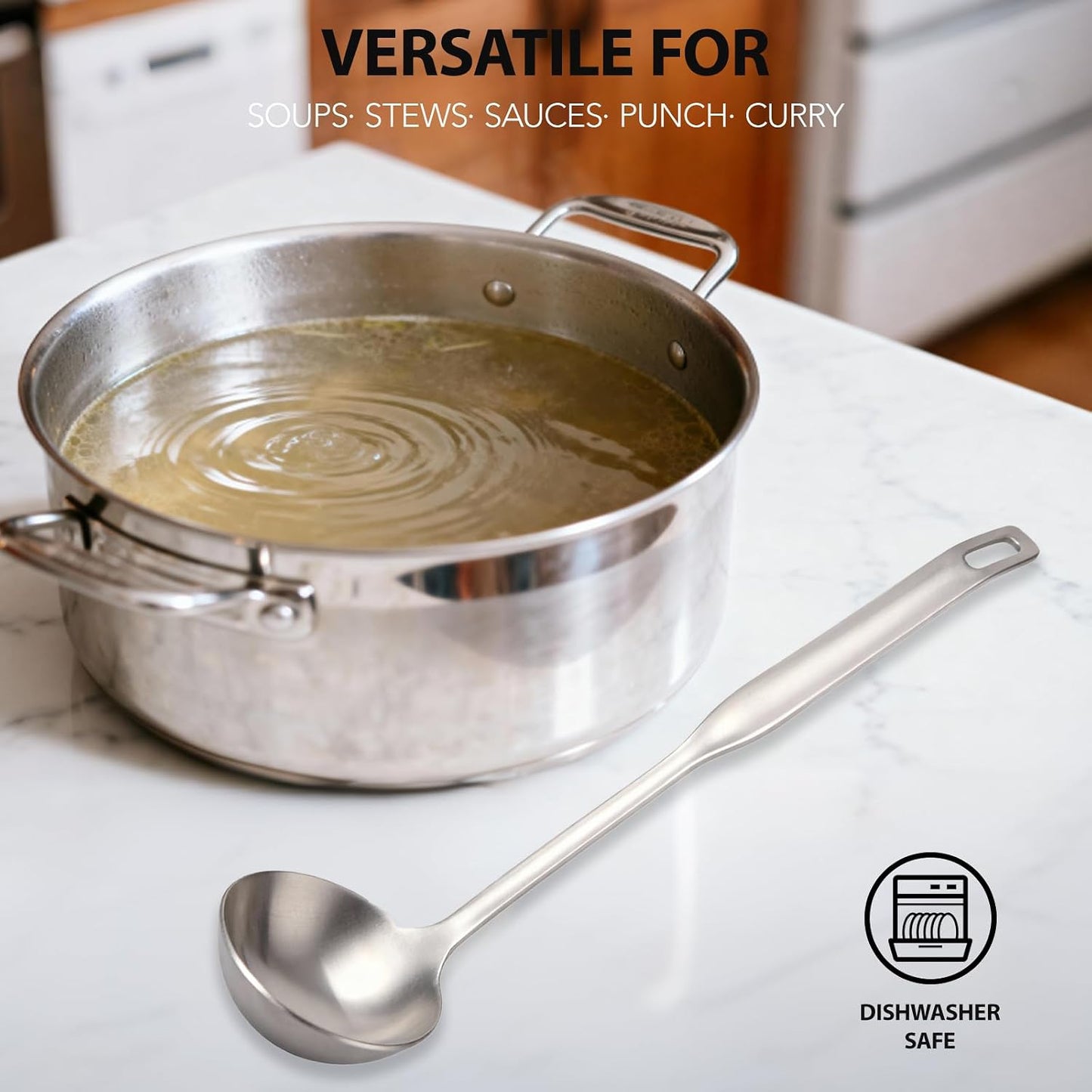 Professional Stainless Steel Soup Ladle, 10.5" Comfort Grid, Long Ergonomic Handle, Durable Kitchen Utensil for Cooking, Stirring, Serving Soups, Heavy-Duty Metal, Dishwasher Safe