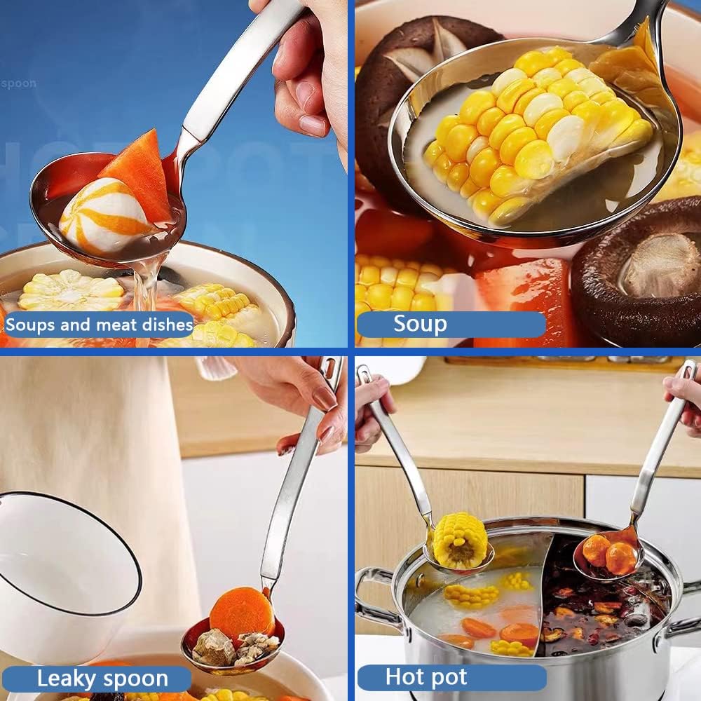 Collfa Small Soup Ladle Metal SUS304 Stainless Steel Ladles Spoon And Slotted Colander Spoon Set Soup Ladle With Holes Strainer Scoop Ladles For Serving Gravy Hot Pot Or Restaurant,2 Piece Set