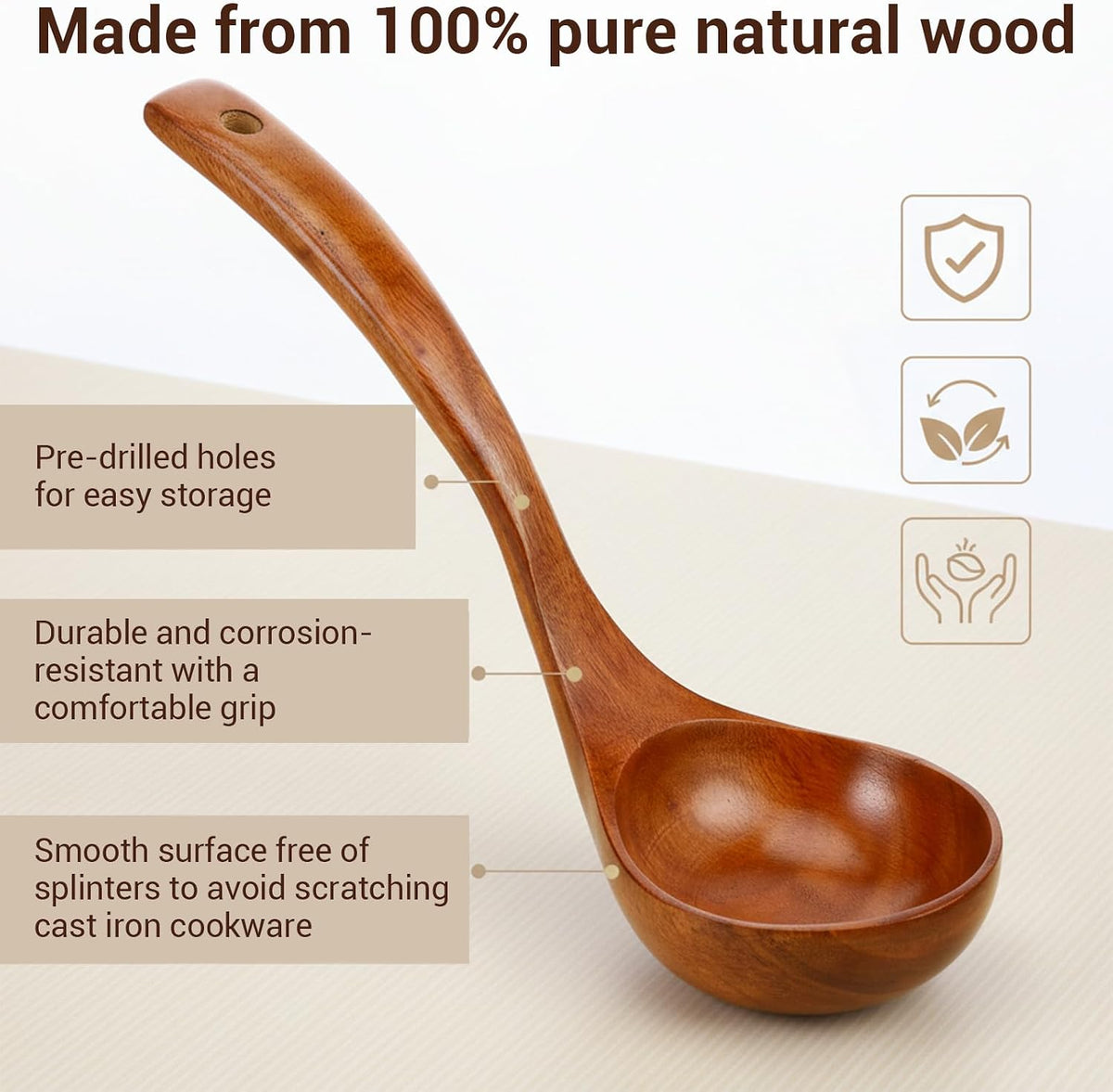 Wooden Ladle with Handle, 11" Wooden Soup Ladle 3 fl oz Extra Large Kitchen Wood Scoop Deep Teak Wood Spoon Utensil for Cooking Serving Cookware, Sustainable Natural Texture (Bigger and Deeper)