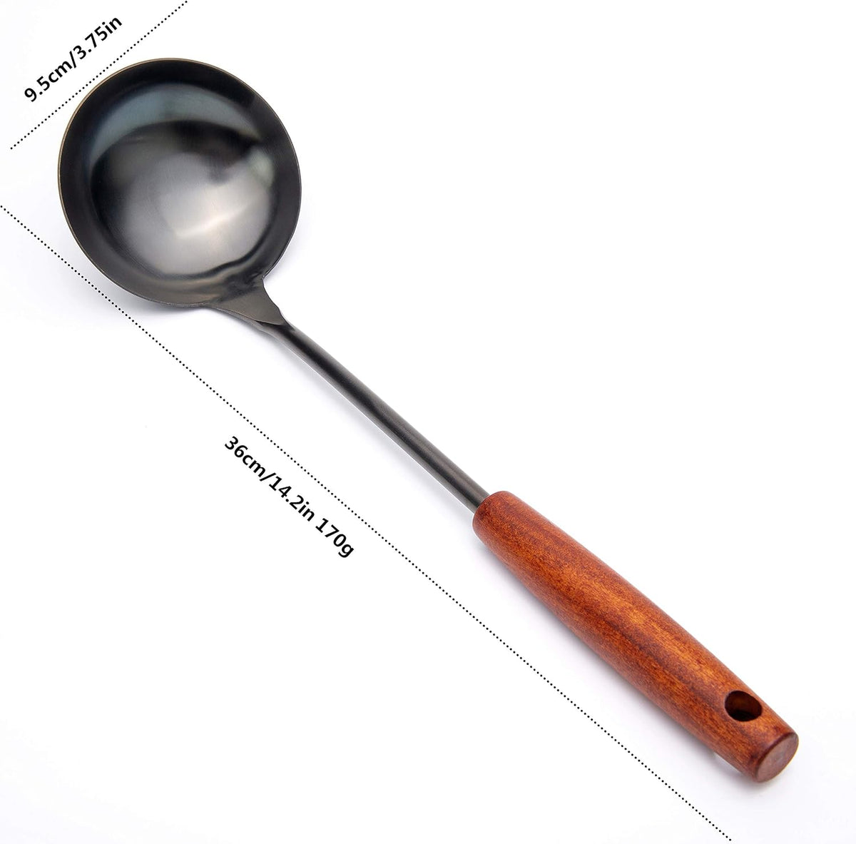 Stainless Steel Wok Utensil - 14.2 Inch Rust Proof Soup Ladle With Ergonomic Wooden Handle - Serving Spoon For Cooking, Gravy, Sauces, and More