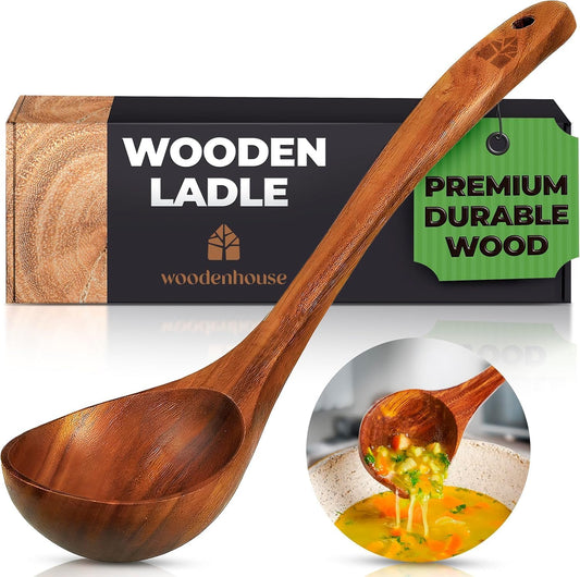 Wooden Ladle for Cooking, 12.4" Teak Soup Spoon, Medium 2 oz Serving Scoop