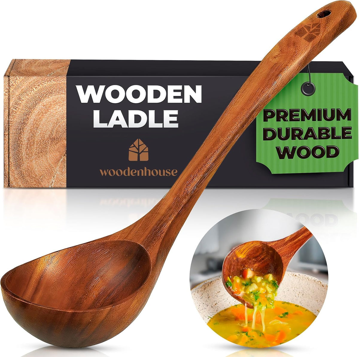 Wooden Ladle for Cooking, 12.4" Teak Soup Spoon, Medium 2 oz Serving Scoop