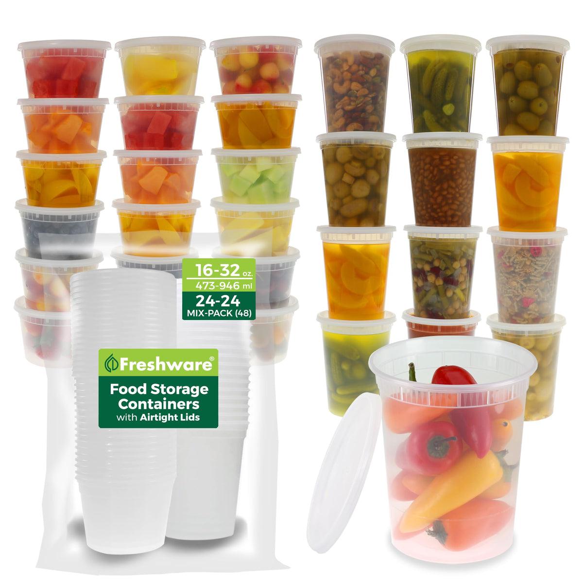 Freshware Food Storage Containers 24 oz Plastic Deli Containers with Lids, Slime, Soup, Meal Prep Containers, BPA Free, Stackable, Leakproof, Microwave/Dishwasher/Freezer Safe, 48 count (pack of 1)