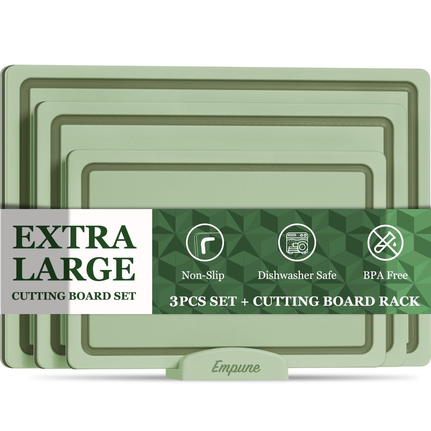 Empune 3-Piece Plastic Cutting Boards for Kitchen - Thick & Non-Slip Chopping Board Set with Juice Grooves, Dishwasher Safe, BPA Free, Includes Large & Small Sizes, Gray