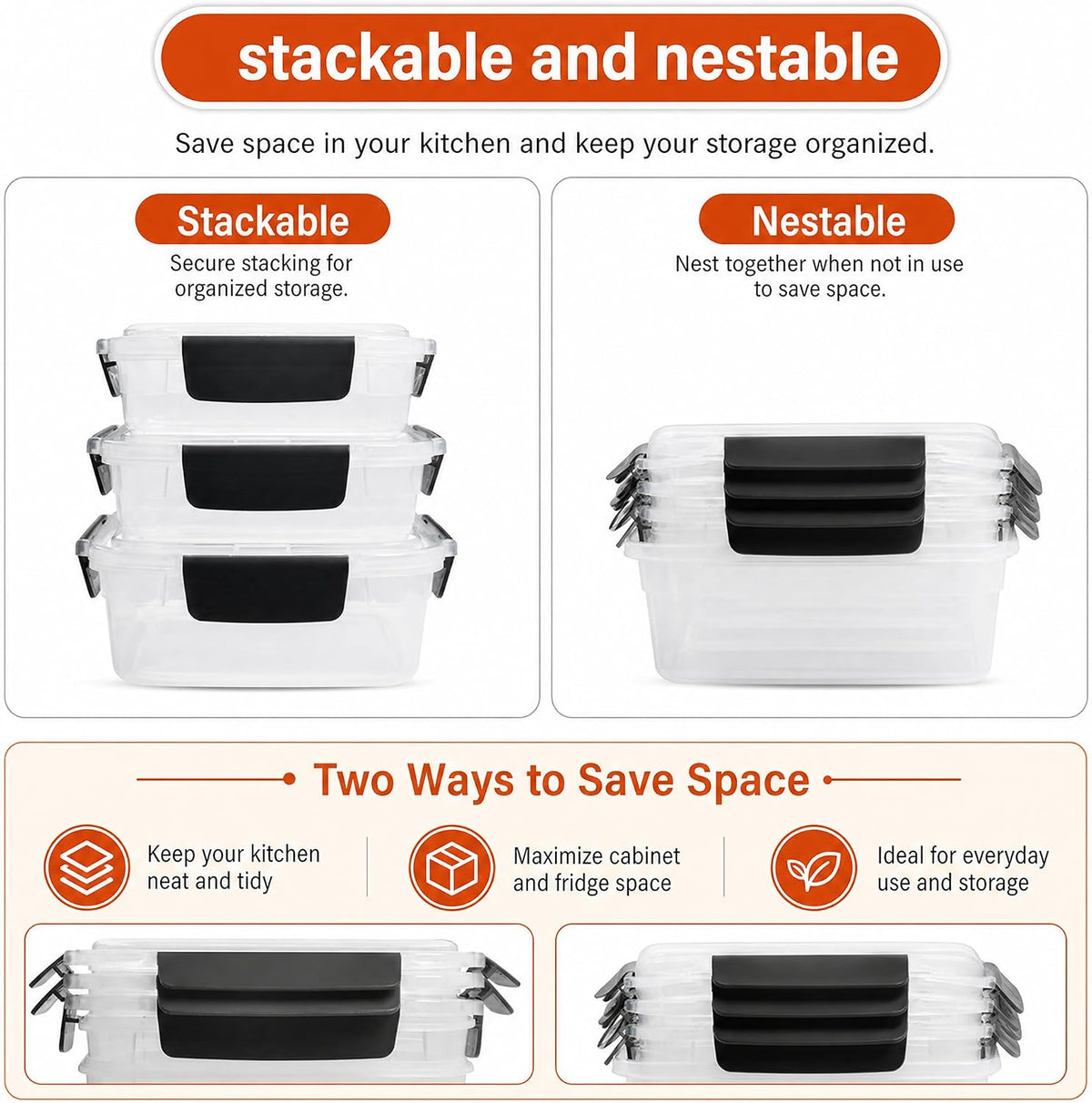 YORY 5cup Plastic Food Storage Containers With Lids For Lunch Meal Prep,5pk