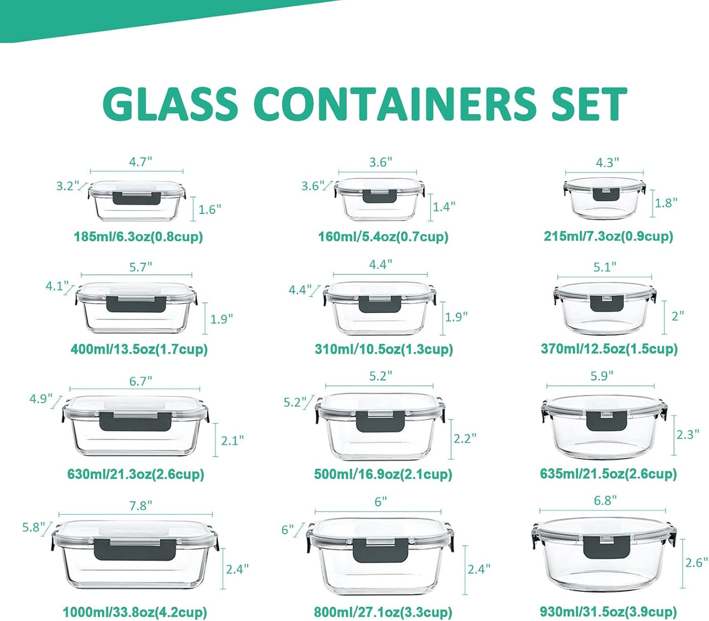 KOMUEE 24 Pieces Glass Food Storage Containers Set, Gray