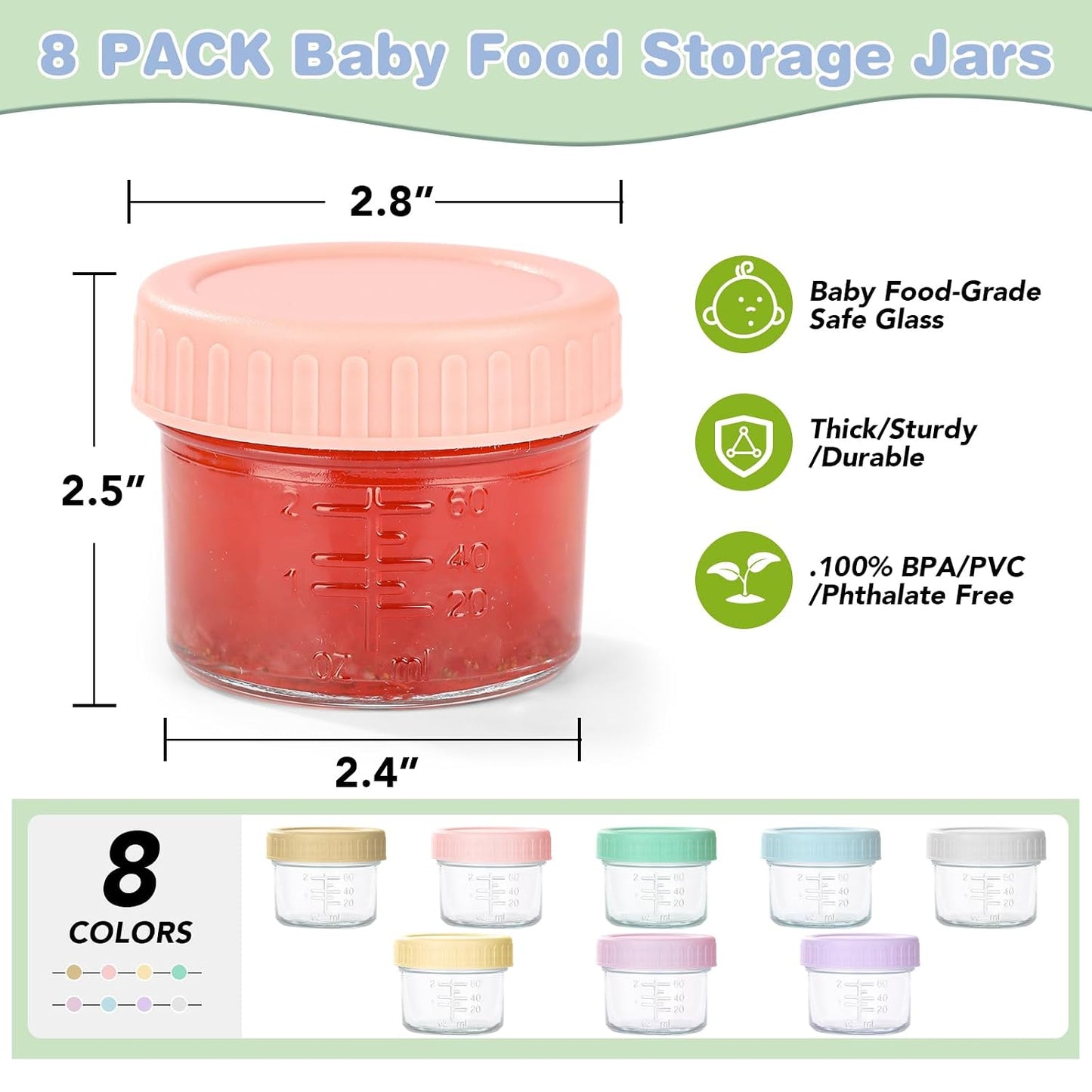 RowinsyDD Baby Food Containers, 4 oz, 8 Pack, Glass Jars with Lids