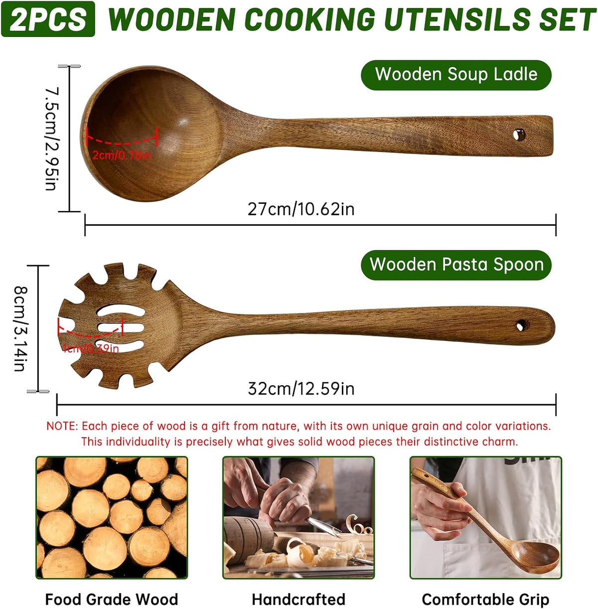 Wooden Ladle & Wooden Pasta Spoon Set, 2PCS Wooden Soup Ladle
