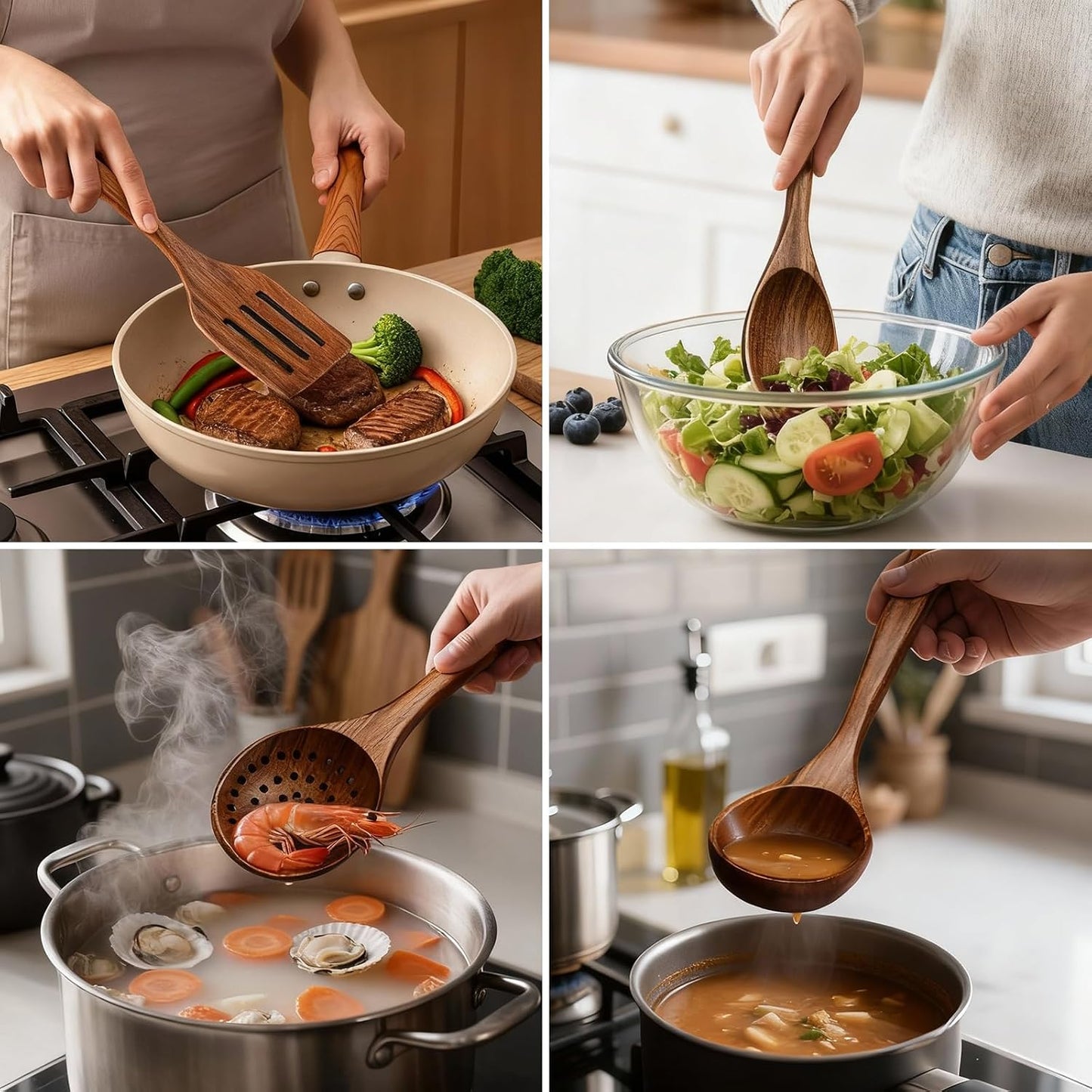8 Piece Wooden Kitchen Utensils Set, Teak Wooden Spoons for Cooking