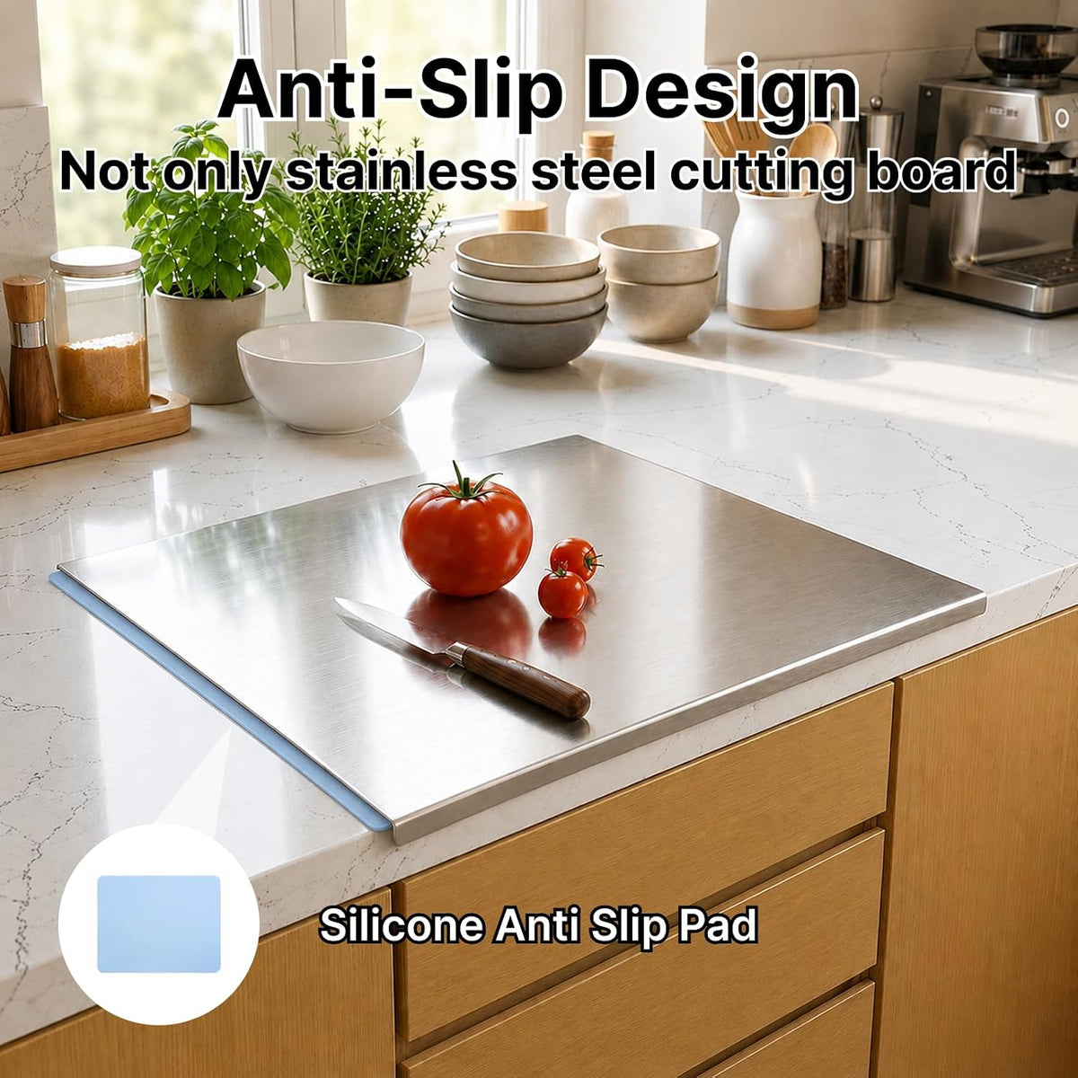 Large Stainless Steel Cutting Board with Lip for Kitchen, Chopping Boards with Blue Non-slip Mat, Cutting Board with Counter Lip for Meat, Fruits, Vegetables, Bread,Dough(15.7" × 11.8")