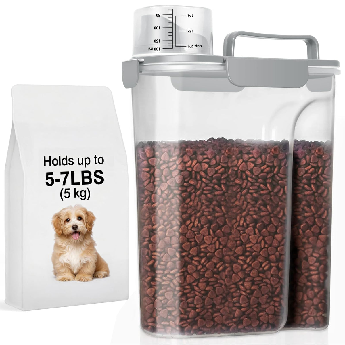 LEAWALK 5-7Lbs Dog Cat Food Storage Container with Upgraded Large Nozzle BPA-free, 4 Snap Seals Plastic Pet Food Storage Containers with Handles are Easy to Clean and Carry