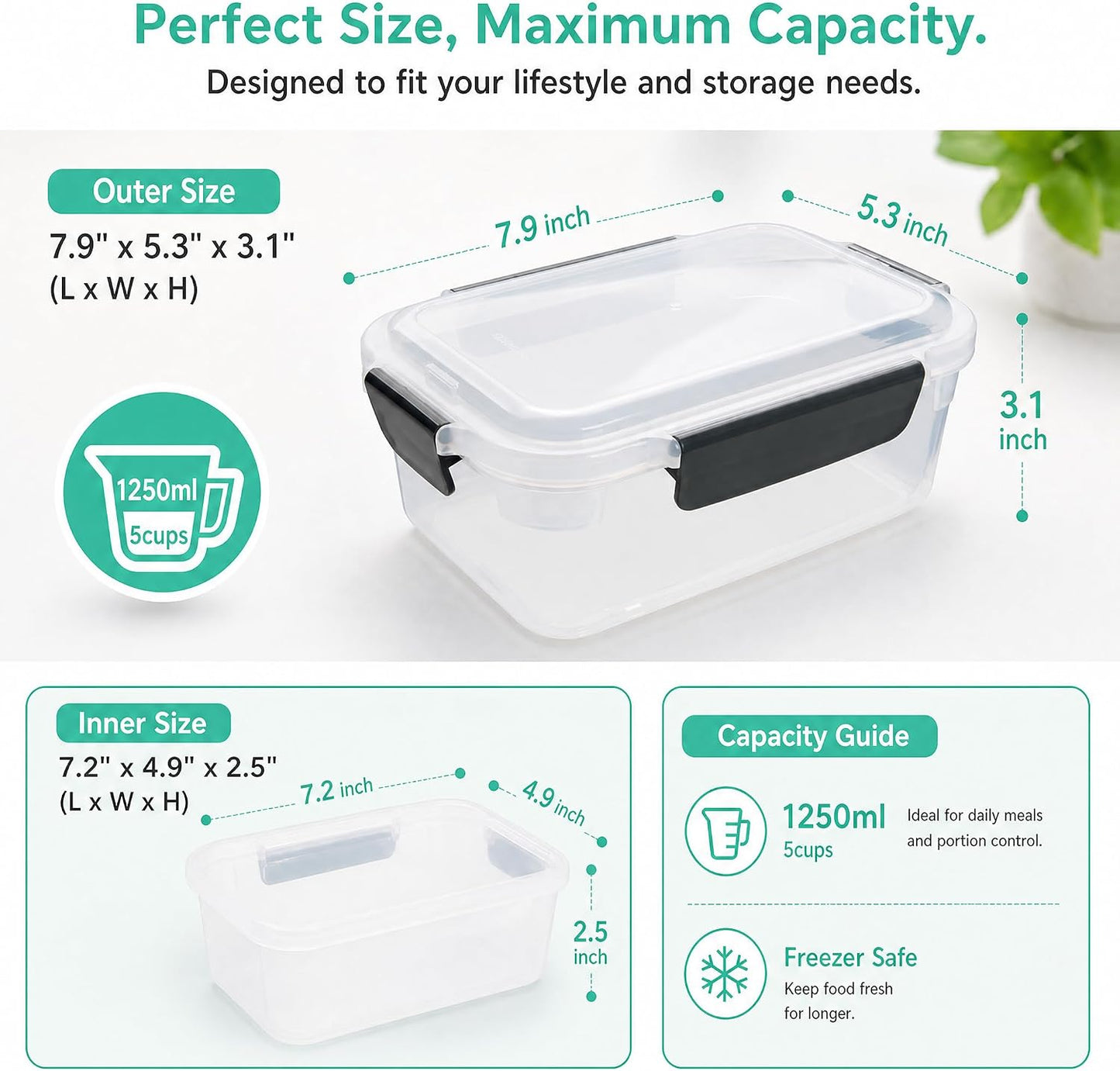 YORY 5cup Plastic Food Storage Containers With Lids For Lunch Meal Prep,5pk