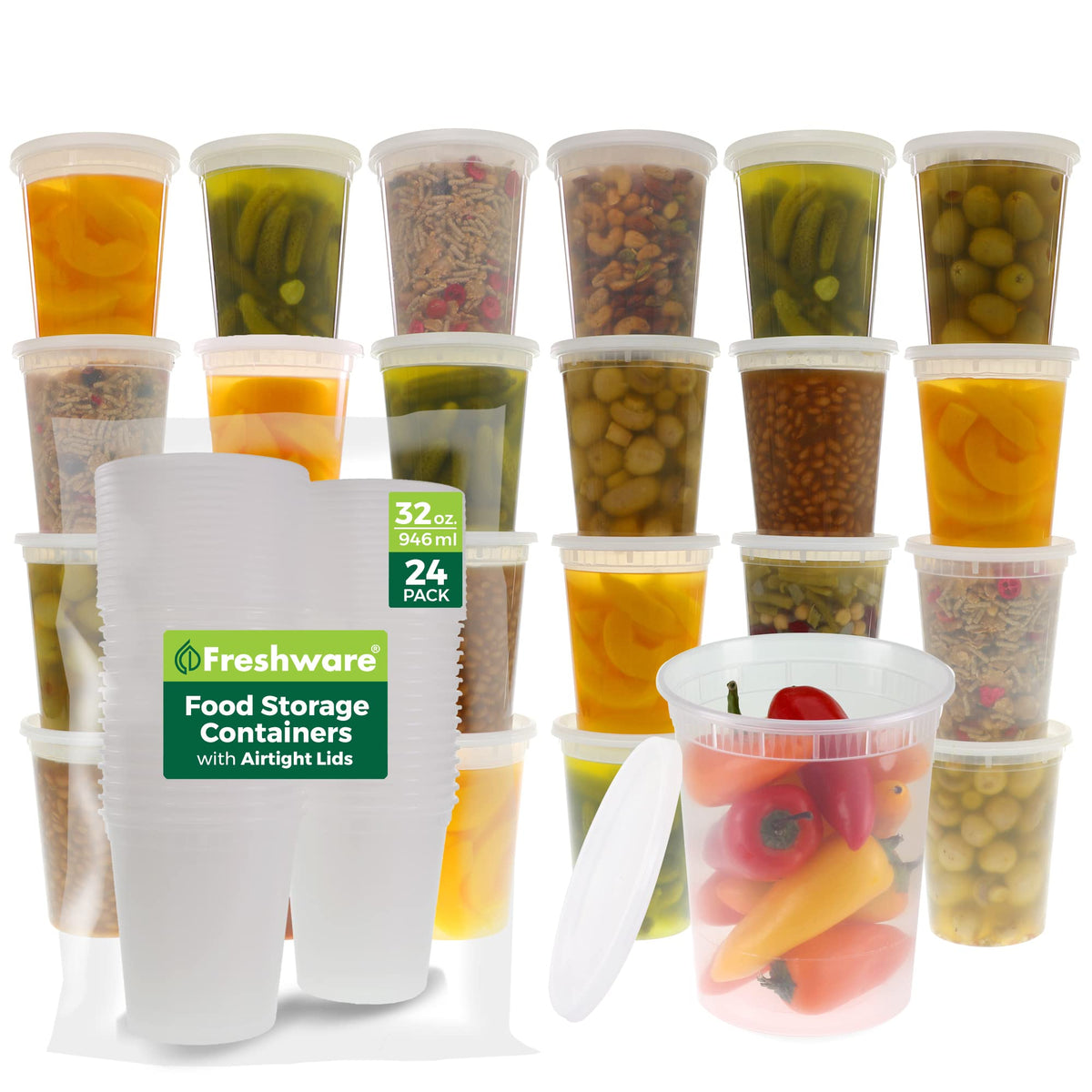 Freshware Food Storage Containers 24 oz Plastic Deli Containers with Lids, Slime, Soup, Meal Prep Containers, BPA Free, Stackable, Leakproof, Microwave/Dishwasher/Freezer Safe, 48 count (pack of 1)