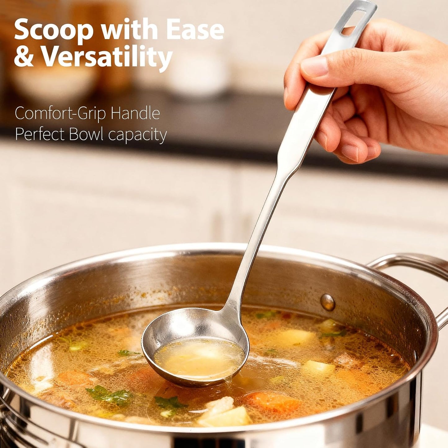 Professional Stainless Steel Soup Ladle, 10.5" Comfort Grid, Long Ergonomic Handle, Durable Kitchen Utensil for Cooking, Stirring, Serving Soups, Heavy-Duty Metal, Dishwasher Safe