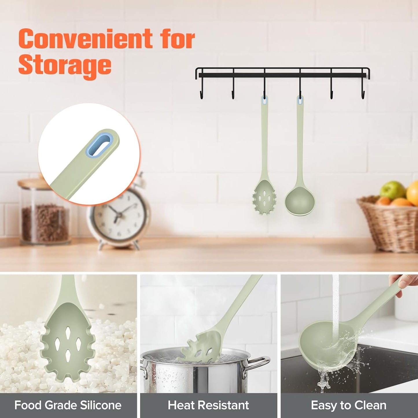 Silicone Spaghetti Spoon & Soup Ladle Cooking Utensils Set of 2 (Green)