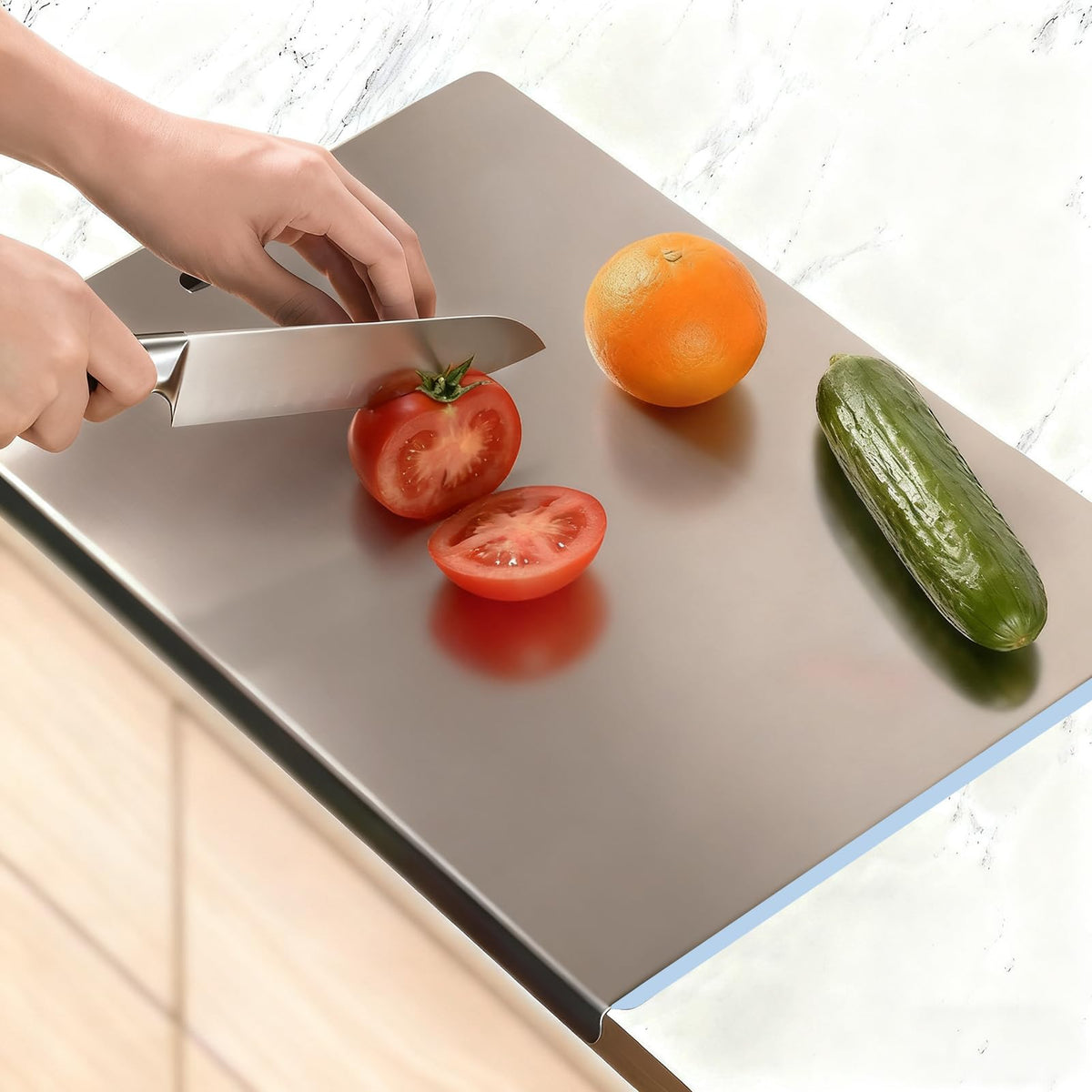Large Stainless Steel Cutting Board with Lip for Kitchen, Chopping Boards with Blue Non-slip Mat, Cutting Board with Counter Lip for Meat, Fruits, Vegetables, Bread,Dough(15.7" × 11.8")