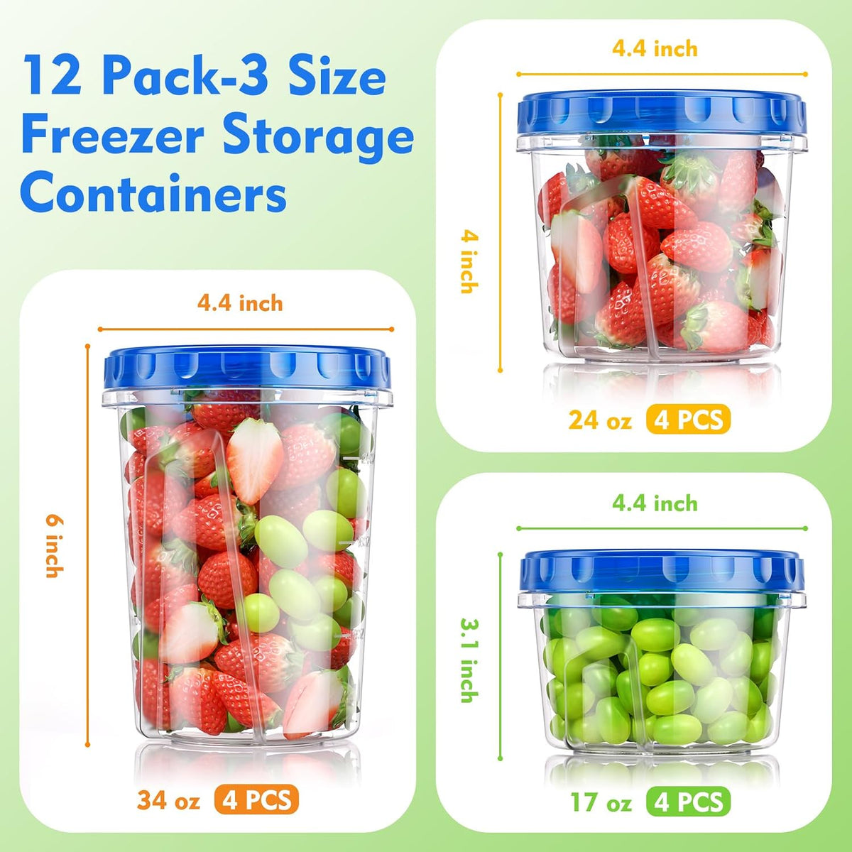 BiuLeon [12 Pack-34/24/17oz Freezer Storage Containers with 3 Different Sizes, Plastic Soup Containers with Lids, BPA-Free Food Storage Containers with Twist Top Lids, Reusable Meal Prep Containers