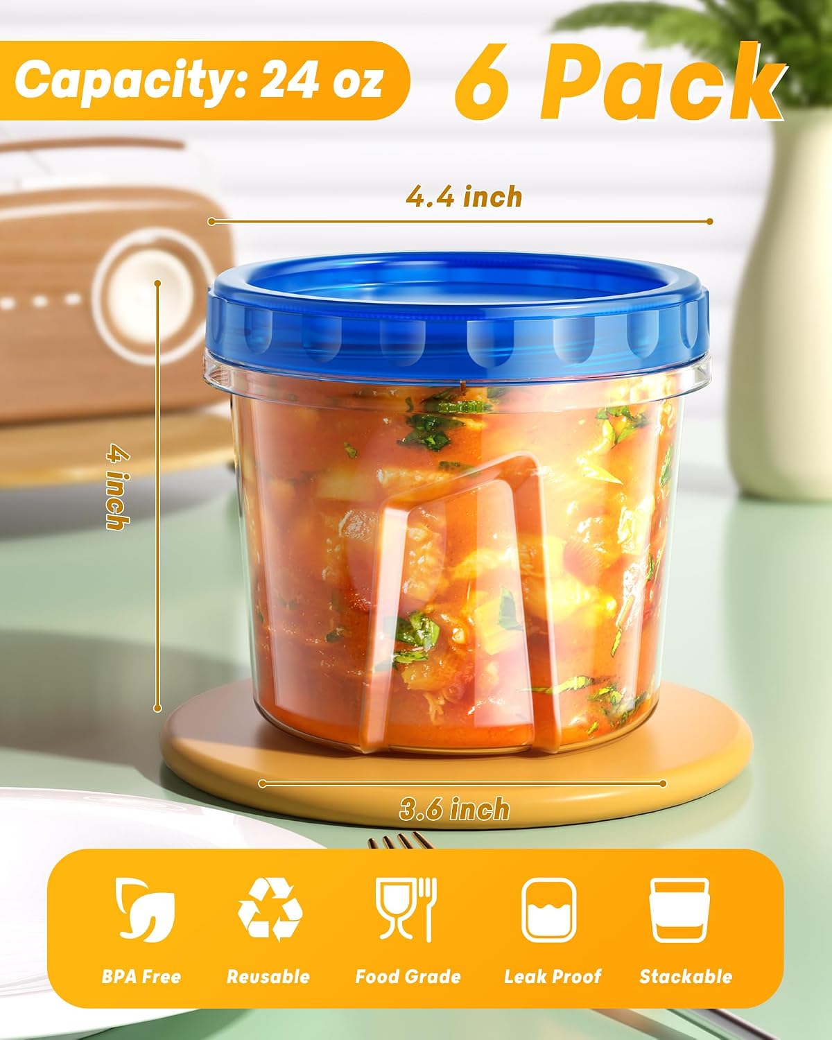 BiuLeon 6 Pack-24 oz Freezer Storage Containers, Plastic Food Storage Containers with Twist Top Lids, BPA Free and Reusable Soup Containers with Lids, Leakproof/Microwave/Dishwasher Safe