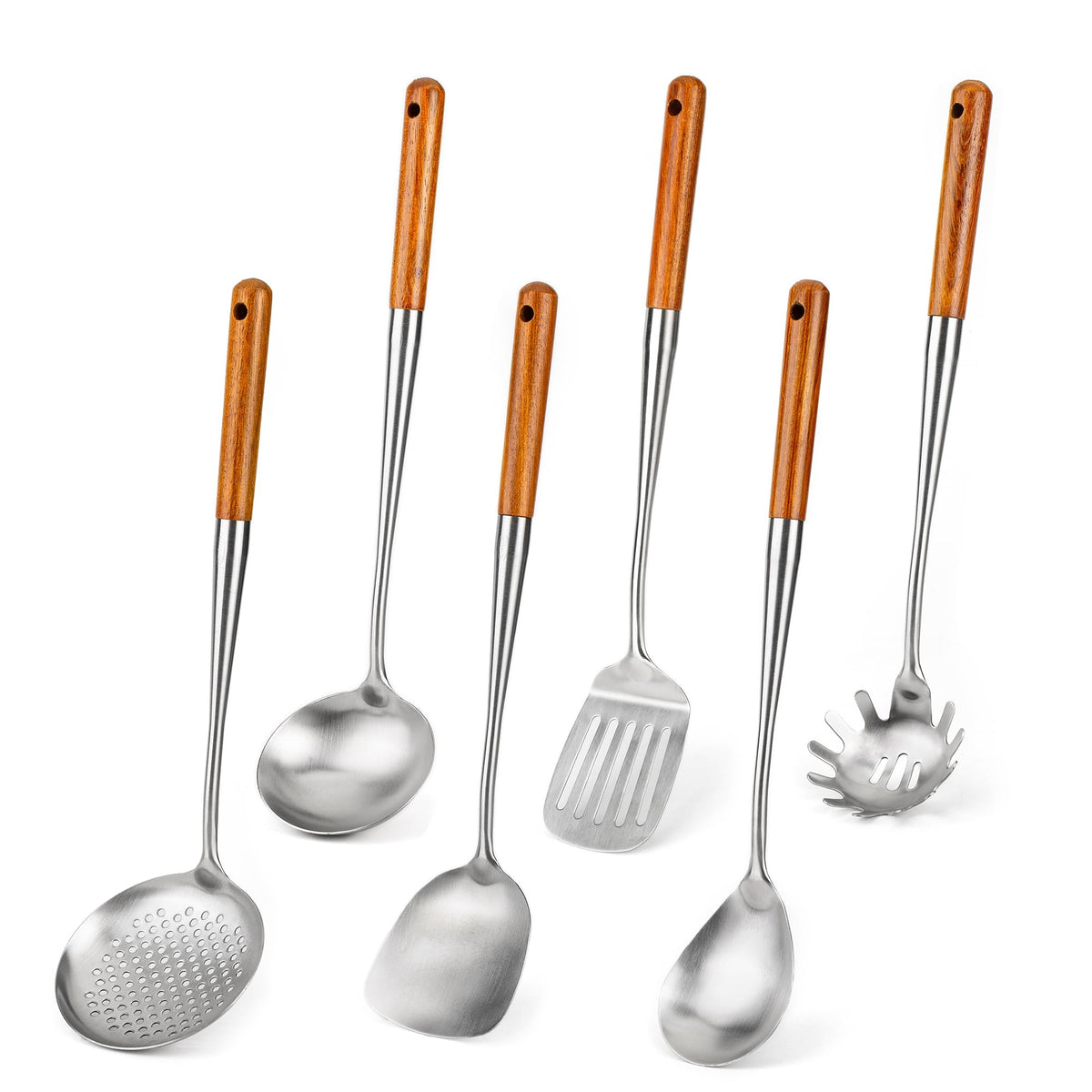 FJNATINH Soup Ladle, 17inches Ladle for wok, 304 Stainless Steel Soup Spoon Cooking Spoon for Kitchen with Wooden Handle