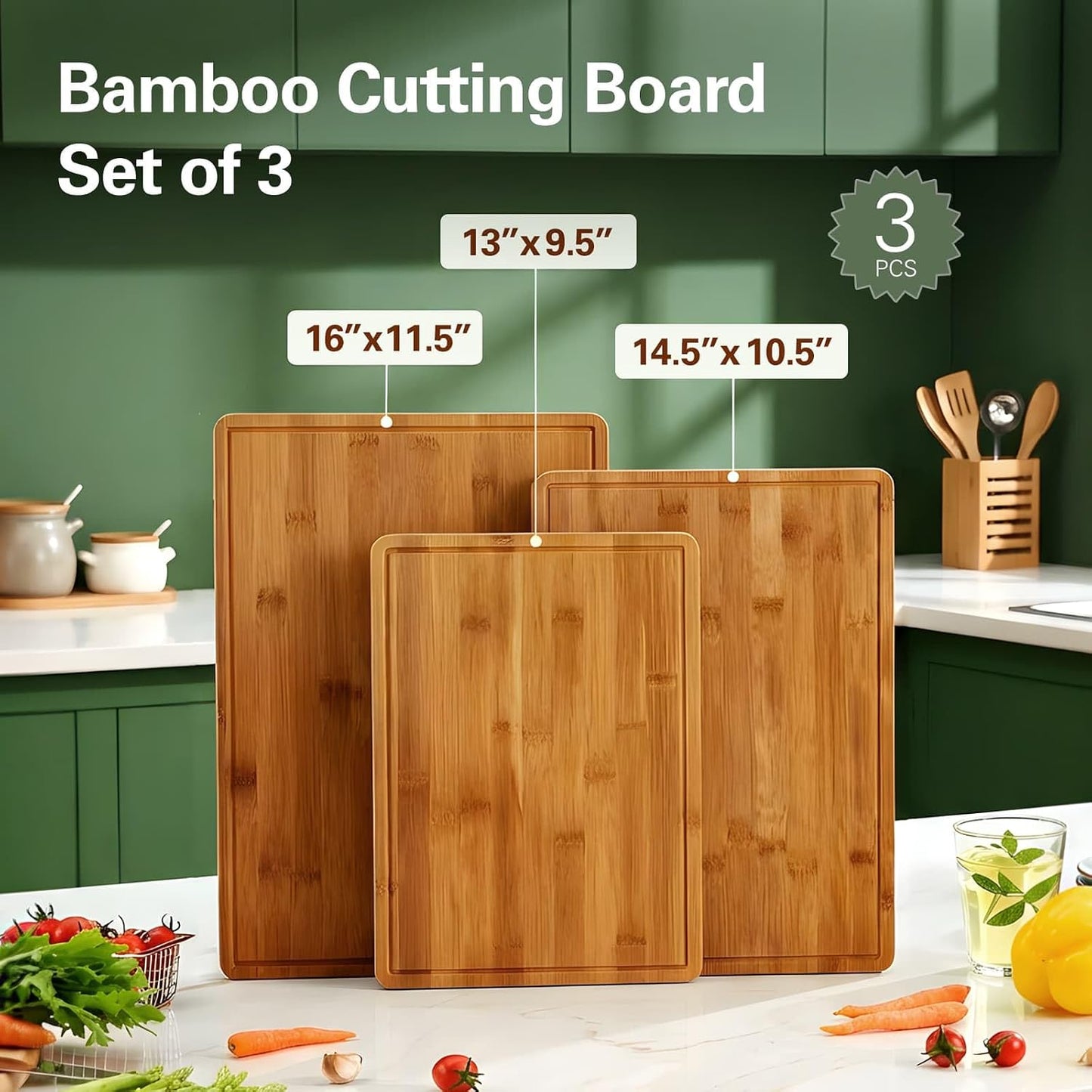 Zarler Bamboo Cutting Boards for Kitchen, Wood Cutting Board with Juice Grooves and Handles, Wooden Chopping Board Set for Meal Prep, 500℉ Carbonized Bamboo, XL Size, Ideal Kitchen Gift