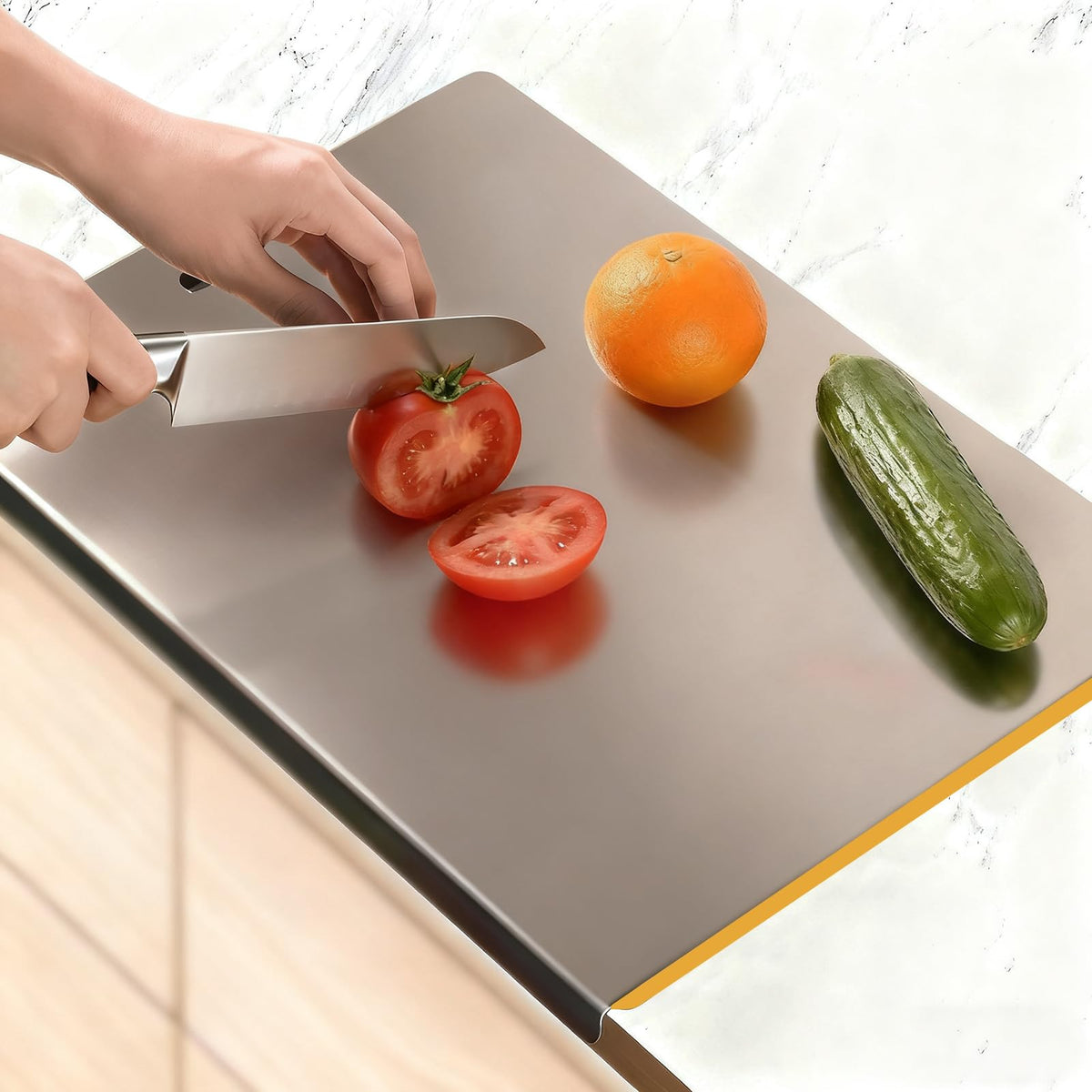 Large Stainless Steel Cutting Board with Lip for Kitchen, Chopping Boards with Blue Non-slip Mat, Cutting Board with Counter Lip for Meat, Fruits, Vegetables, Bread,Dough(15.7" × 11.8")