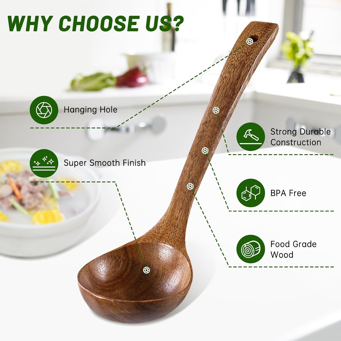 Wooden Ladle & Wooden Pasta Spoon Set, 2PCS Wooden Soup Ladle