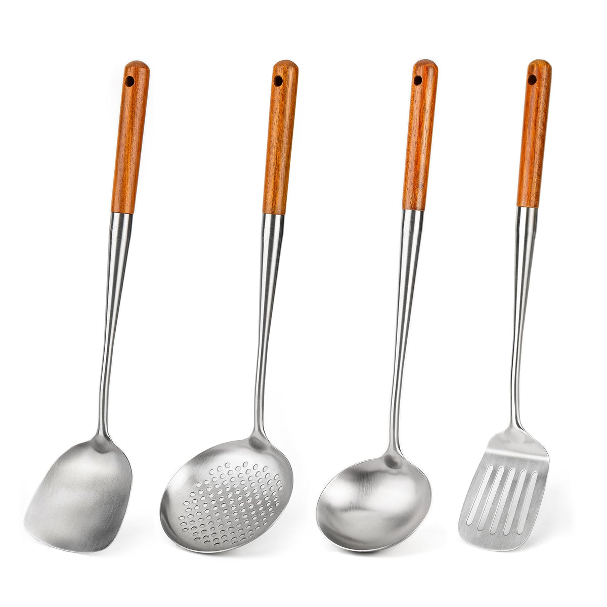 FJNATINH Soup Ladle, 17inches Ladle for wok, 304 Stainless Steel Soup Spoon Cooking Spoon for Kitchen with Wooden Handle