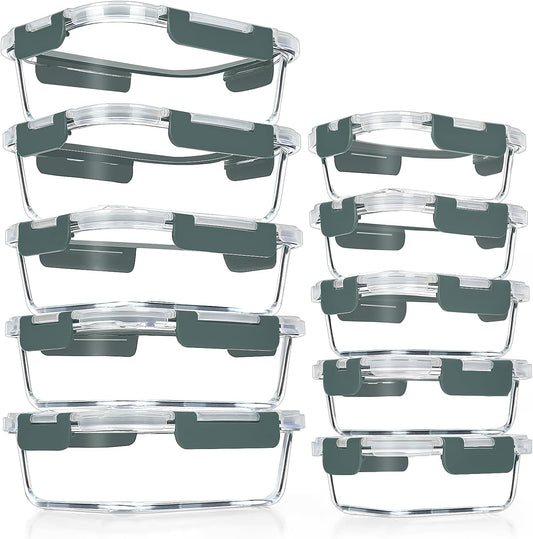 VERONES 10 PACK Glass Meal Prep Containers Set with Lids, Grey
