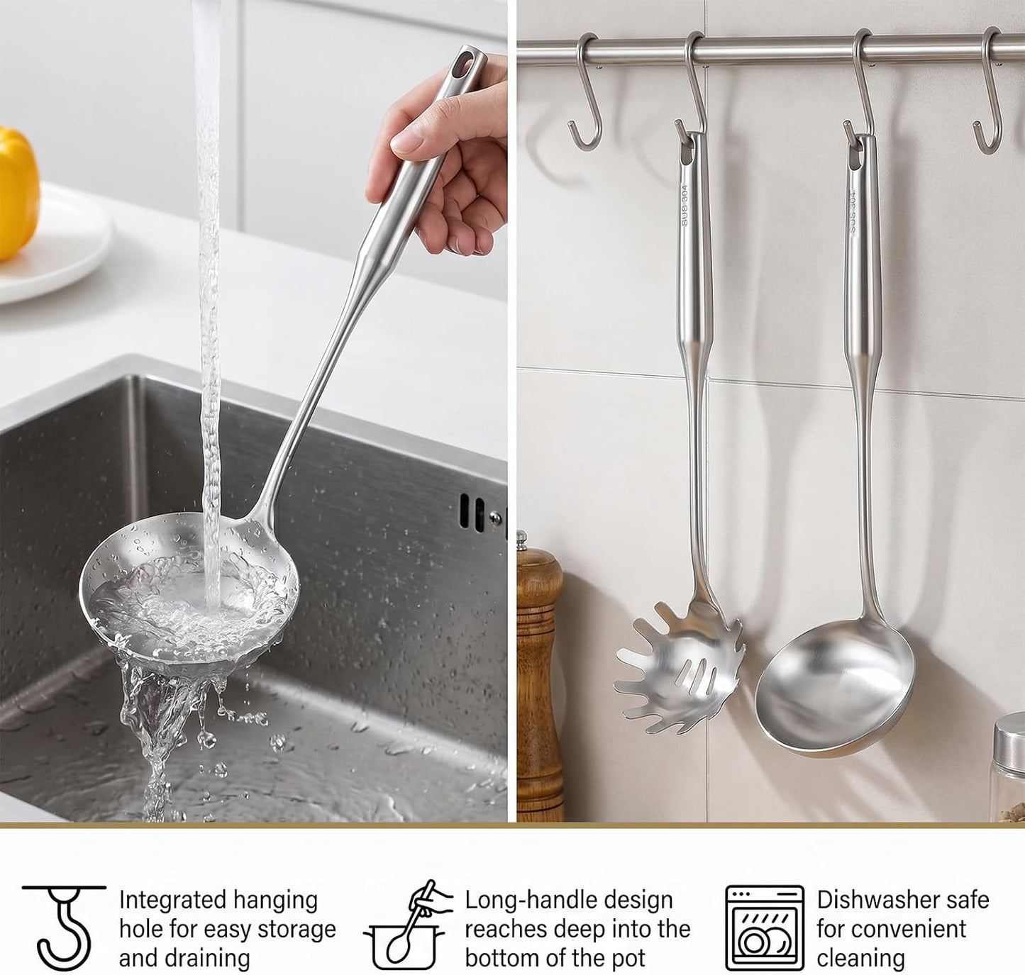 304 Stainless Steel Soup Ladle and Spaghetti Spoon Set, Large Ladle Spoon, Pasta Strainer, Thickened Metal SoupLadle and Spaghetti Spoons for Cooking, Stirring, Serving Pasta, Soup and Sauce