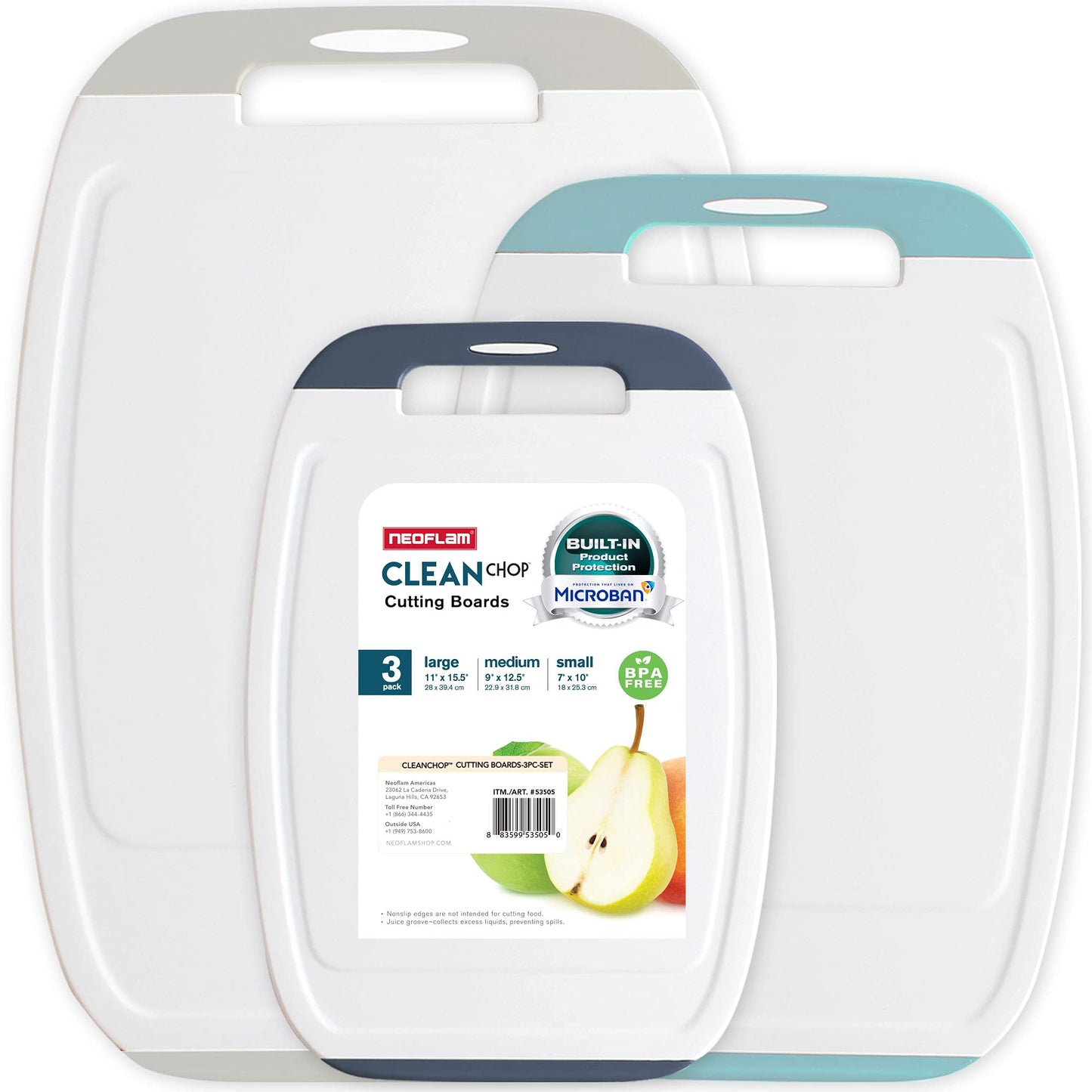 Neoflam Microban Protection Cutting Board 3 Piece Set, Stain & Odor/BPA Free, Reversable Board, Upgraded Larger Juice Groove, Non-Slip EZ Grip Handle, Dishwasher Safe, Pastel