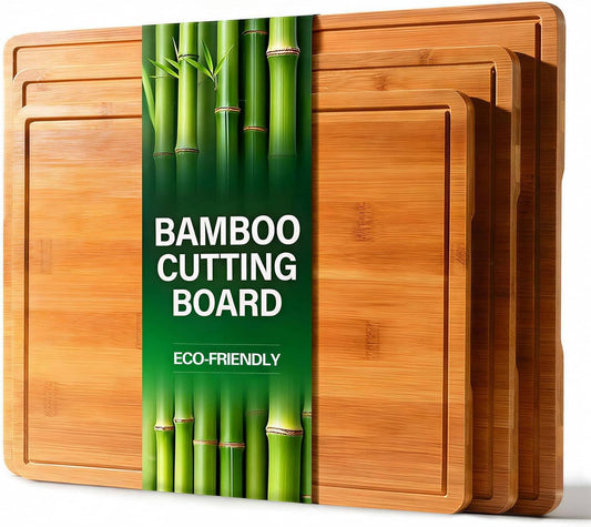 Zarler Bamboo Cutting Boards for Kitchen, Wood Cutting Board with Juice Grooves and Handles, Wooden Chopping Board Set for Meal Prep, 500℉ Carbonized Bamboo, XL Size, Ideal Kitchen Gift