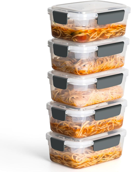 YORY 5cup Plastic Food Storage Containers With Lids For Lunch Meal Prep,5pk