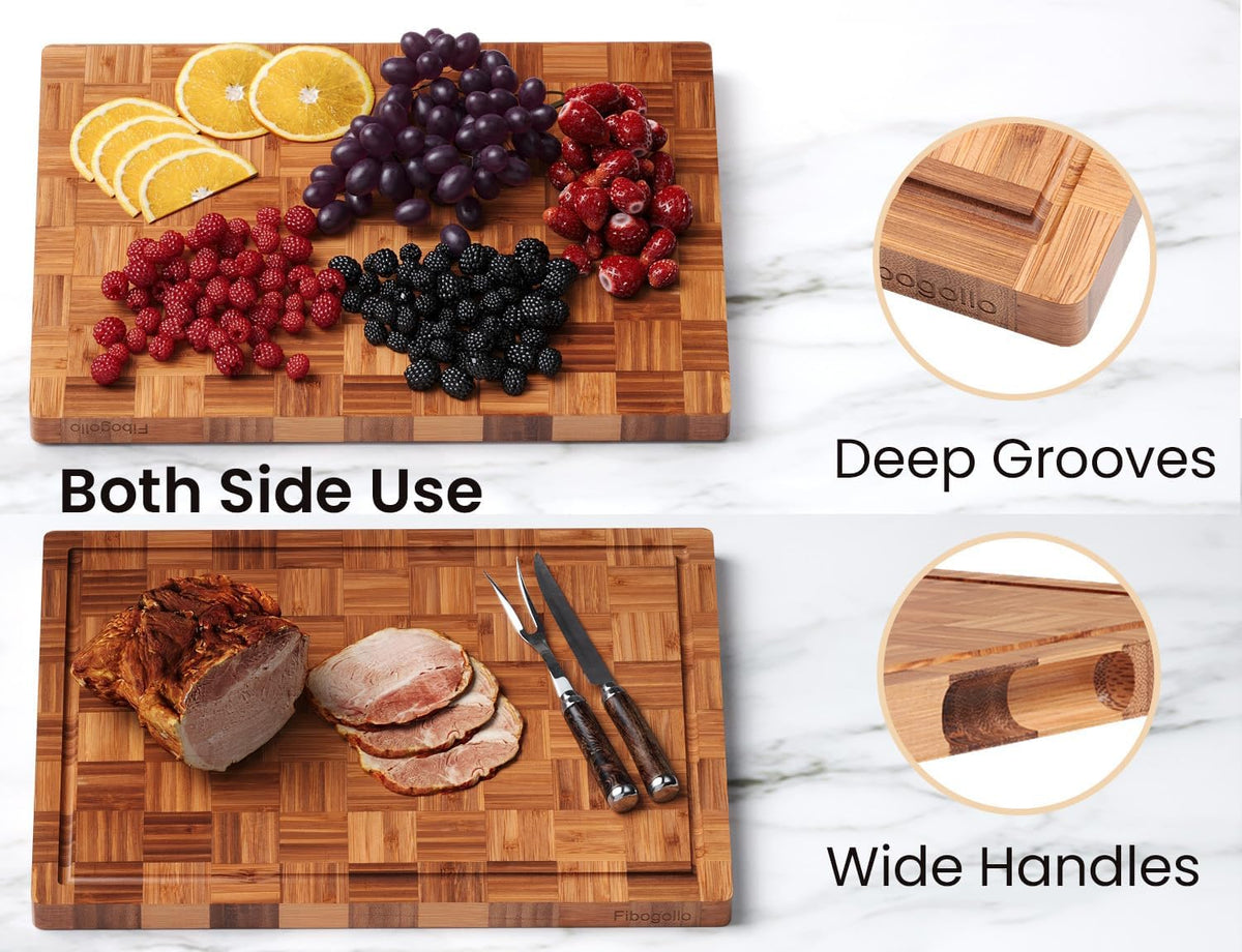 Fibogollo Set of 3 Bamboo Kitchen Cutting Boards with Juice Groove Large