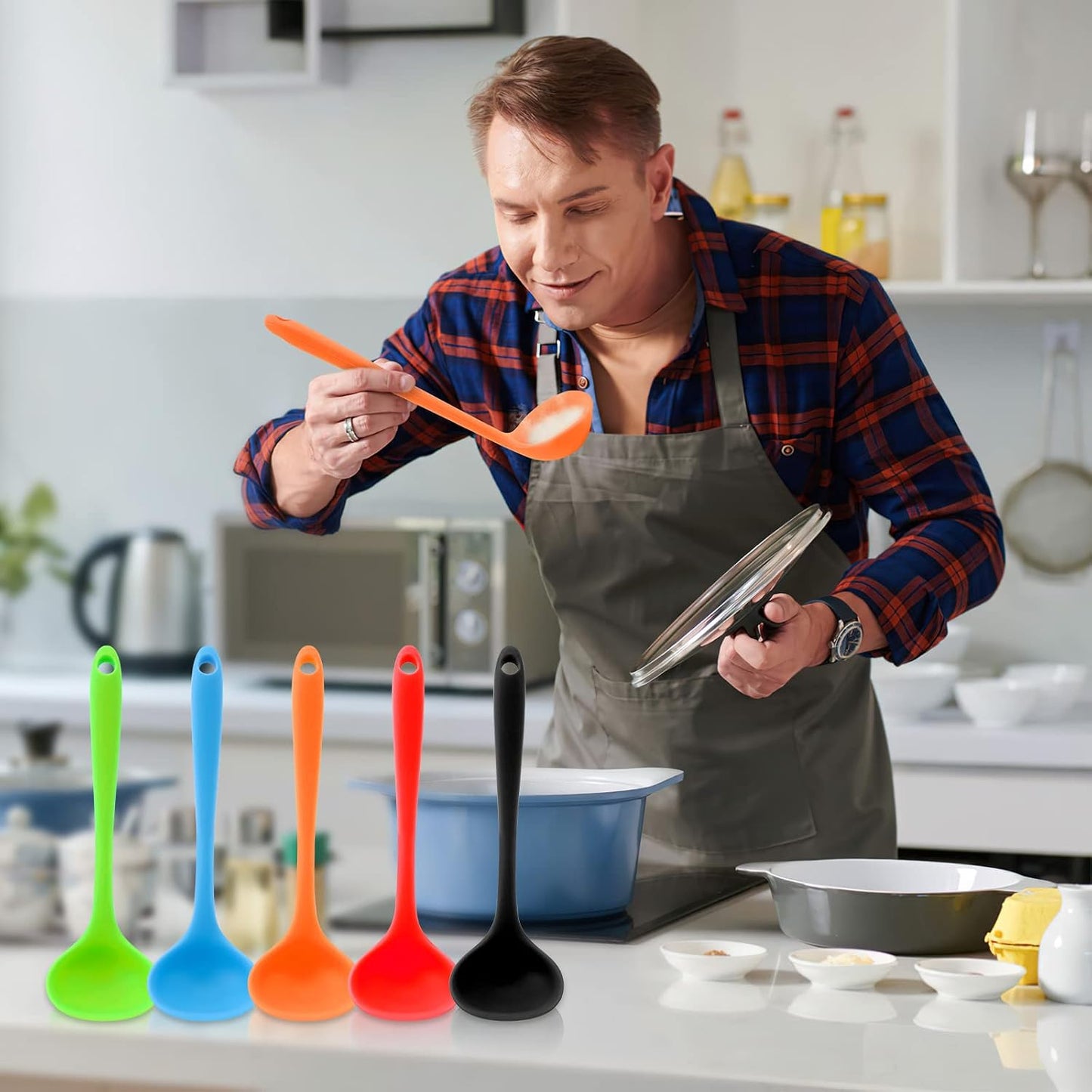 5 Pieces Silicone Ladles for Cooking - Small Soup Ladle Spoon Heat Resistant Kitchen Ladle Spoons, Cooking and Serving Spoon for Soup Sauce Chili Gravy Canning Pouring (5 Colors)