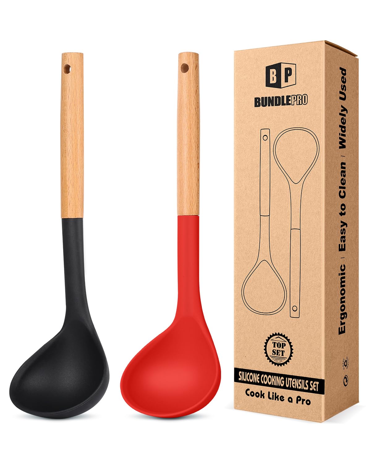 Pack of 2 Soup Ladle, Silicone Ladle Spoon with Wooden Handle, Large Non Stick High Heat Resistant Kitchen Utensils for Cooking, Stirring, Serving Soups(BLACK-GRAY)