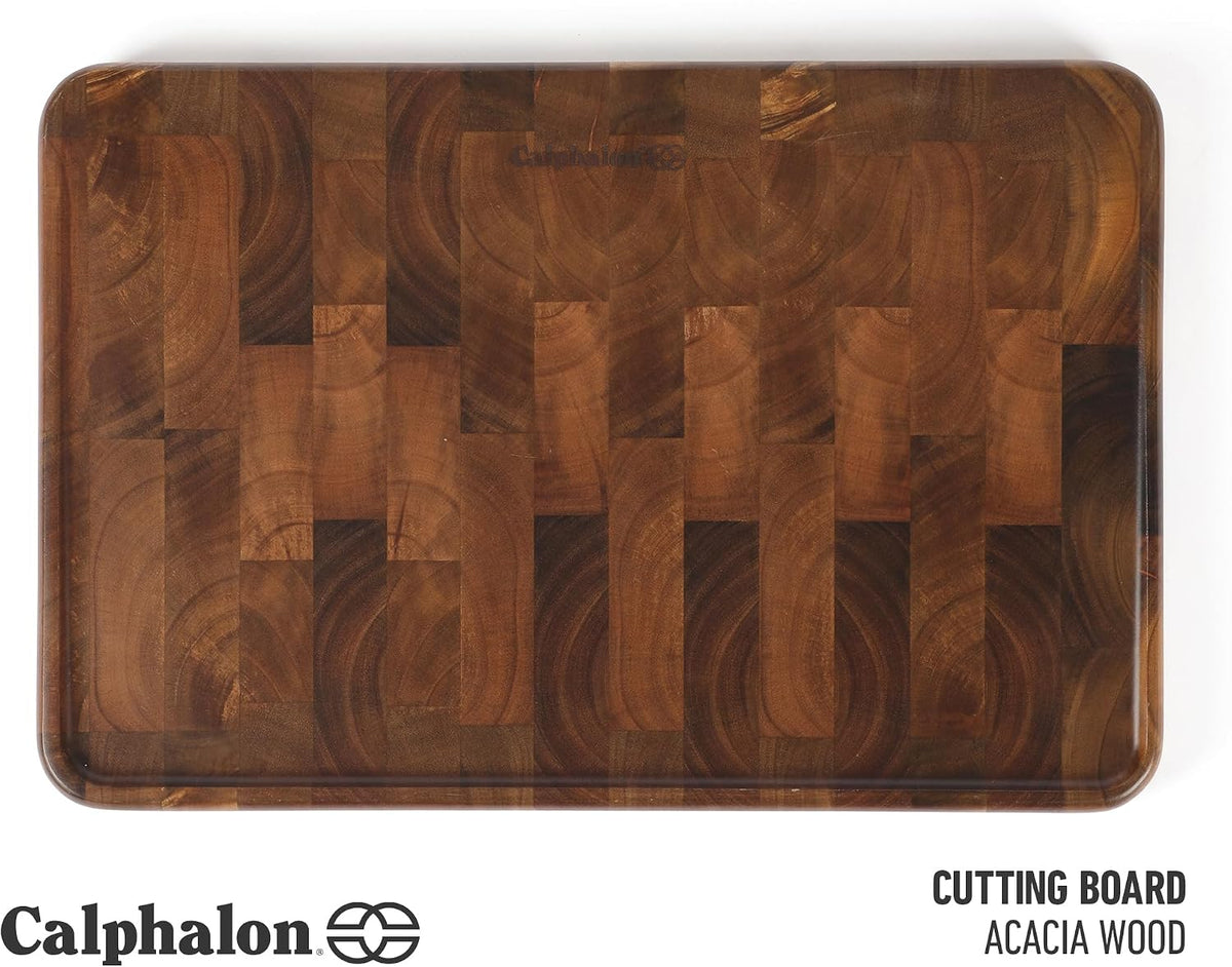 Calphalon Edge Guard Cutting Board, 13.6 x 9.5-Inch End-Grain Acacia Wood Cutting Board, Wooden Chopping Block for Stable Cutting & Food Prep