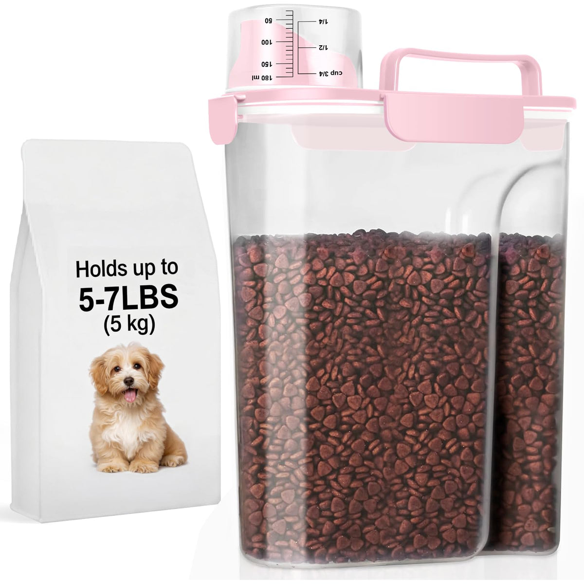 LEAWALK 5-7Lbs Dog Cat Food Storage Container with Upgraded Large Nozzle BPA-free, 4 Snap Seals Plastic Pet Food Storage Containers with Handles are Easy to Clean and Carry