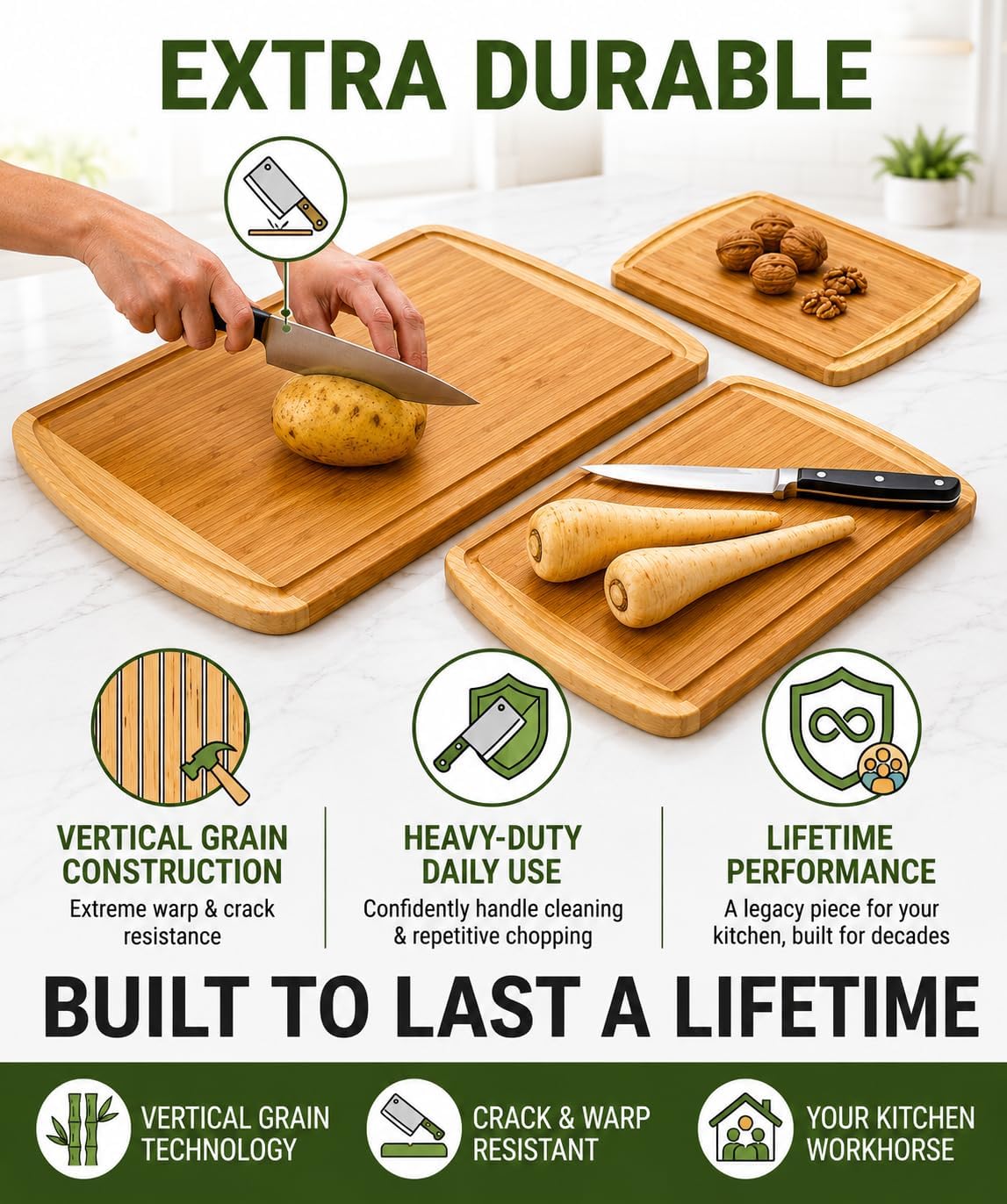 INDESTRUCTIBLE Extra Large Bamboo Cutting Board Set of 3 with Vertical Grain Strength Technology - XL Wood Cutting Boards for Kitchen and Lightweight Chopping Board Set - Replacements for Life